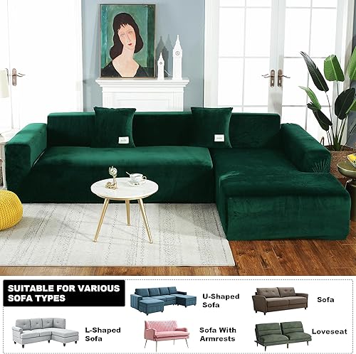 Miniatura 3 de Funda elástica para sofá, funda de terciopelo suave con funda de almohada, protector de muebles para mascotas y niños (M, verde oscuro)