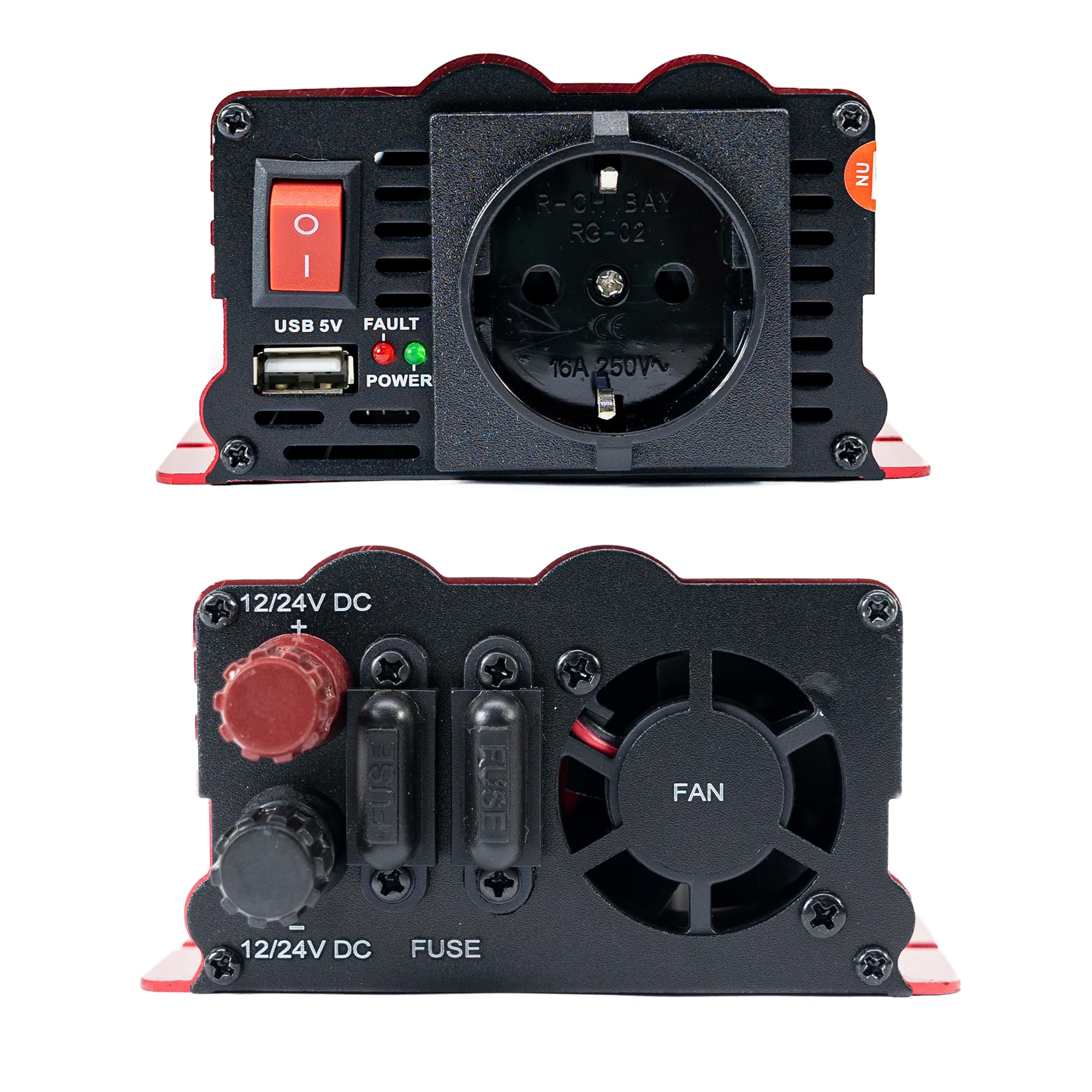 Inversor de tensión PNI L650W Doble Fuente de alimentación 12V/24V, Salida 230V, 500W, Seno Modificado, Enchufe USB 5V 500mAh, con Pinzas de alimentación y Enchufe de mechero incluidos