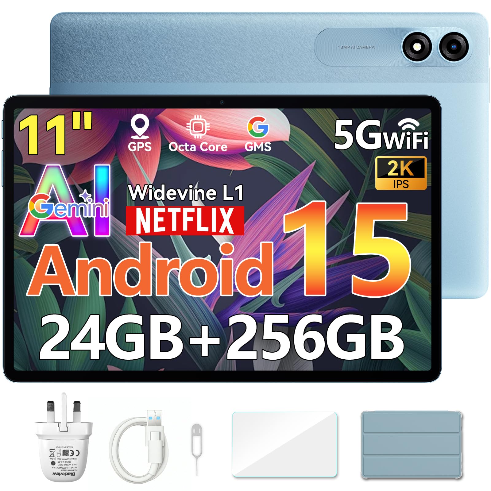 Sponsored Ad – Android 15 Tablet with Gemini Ai, Android tablet 11 inch with 24GB+256GB/2TB TF, 5G WiFi Tablets, Octa Core Cpu, 8200mAh, 2K Incell Screen, 13MP+8MP Camaras/Face ID, Blue