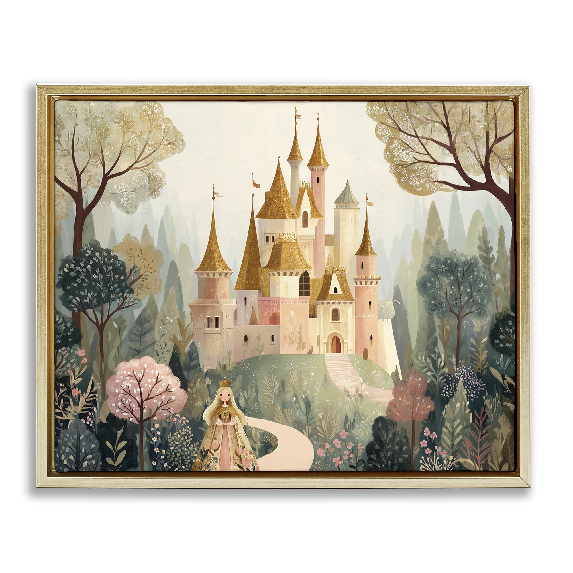 Stupell Industries 'Whimsical Castle Path', Floating Frame Canvas Art, Gold, 21 x 17 Inches, Easy to Hang and Sturdy, Made in USA, by Christine Simpson Art