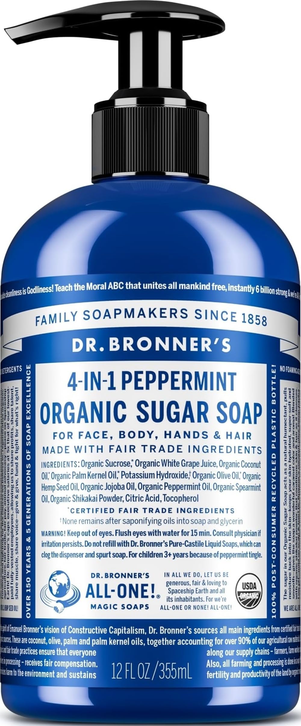 Dr Bronner’s 4-in-1 Organic Peppermint Soap, 335ml Recycled Pump Bottle