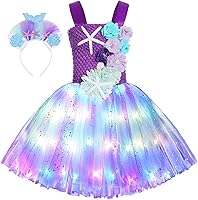 Vista 6 de Koatobbor Disfraz de sirena para niñas, vestido de tutú de sirena, color LED, para Halloween, fiesta de cumpleaños, 3 a 8 años Blanco Led-púrpura