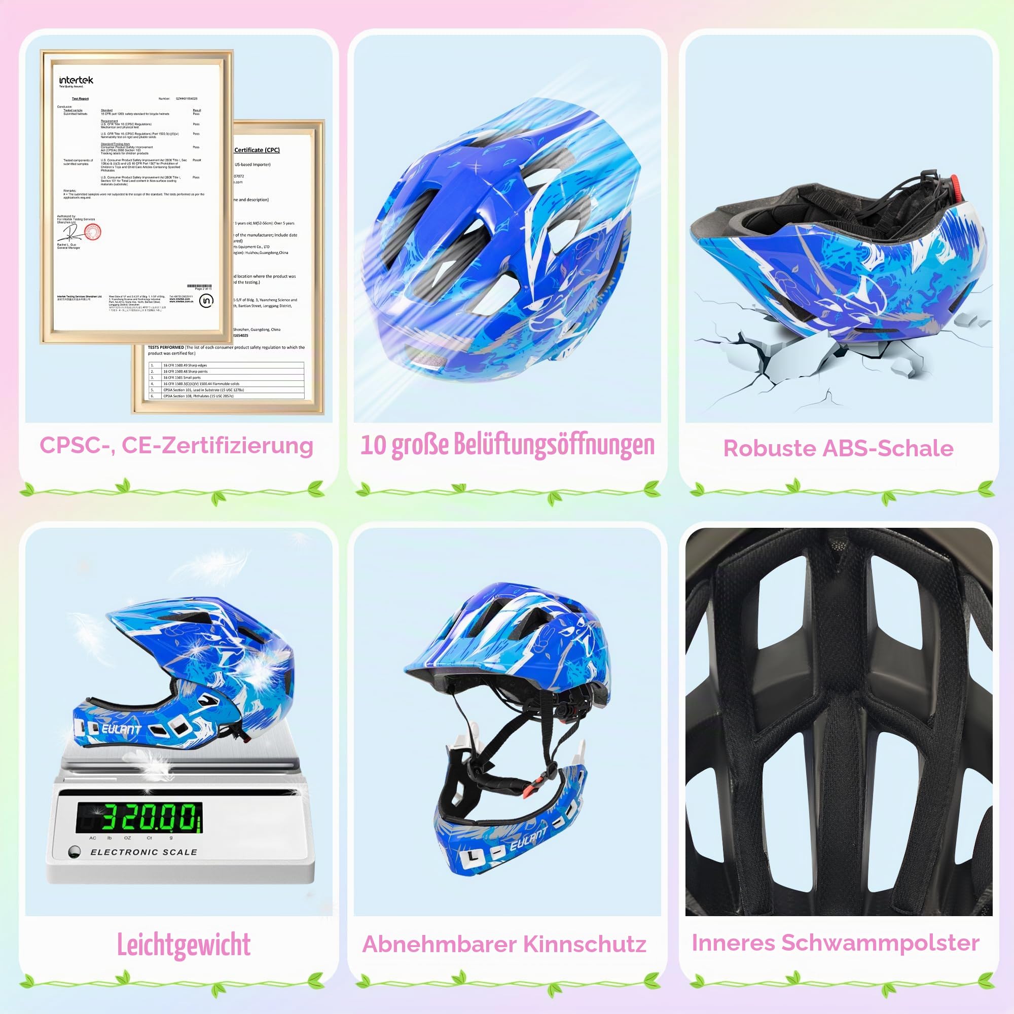 EULANT Fahrradhelm mit Kinnschutz für Kinder,Fullface Helm Kinder,Jungs Integralhelm für MTB BMX Downhill Cross Inliner Skate, EIN-Knopf-Entfernen Kinnschutz & Hinterer Einsteller Sport & Freizeit