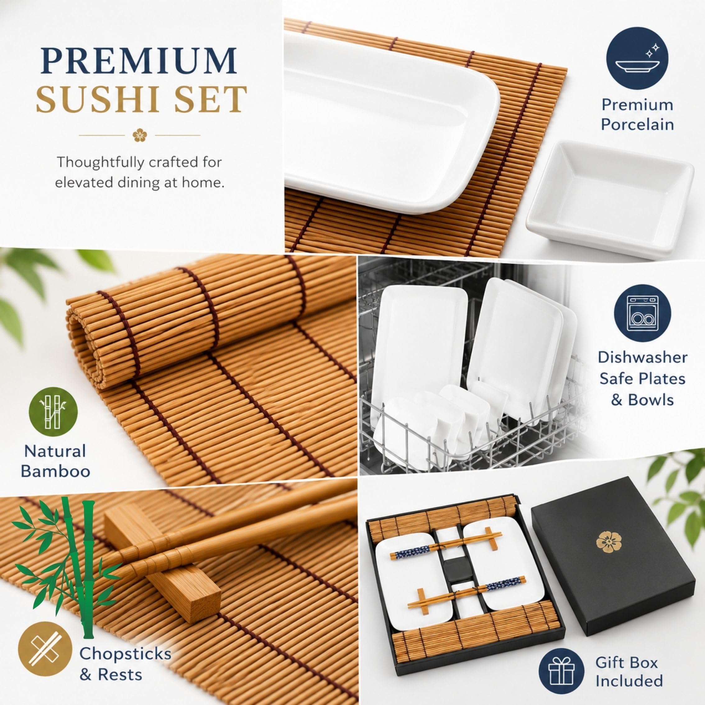 Exzact Set Sushi Stile Orientale – 10 Pezzi: 2 Piatti Sushi, 2 Vassoi per Salsa, 2 Stuoie di Bambù, 2 Coppie di Bacchette in Bambù