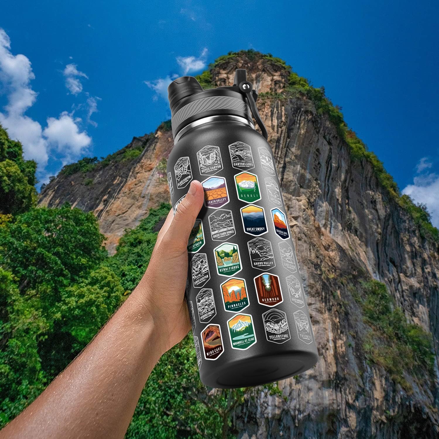 Nefeeko 32oz National Parks Water Bottle - Insulated Adventure Bottle with Waterproof Stickers | Leakproof Lid & Dual Straw/Spout | USA Bucket List Gift for Hikers, Camping & Outdoor Enthusiasts - Image 7