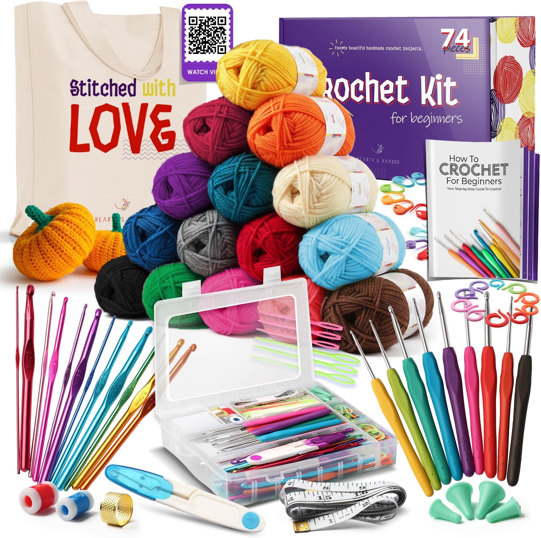 Crochet Kit for Beginners Adults and Kids,73 Piece Knitting &amp; Crochet Supplies Includes 1500 Yards Assorted Yarn,21 Ergonomic Hooks, Many Accessories Beginner Kits Ideal for Amigurumi,(Pack of 8)