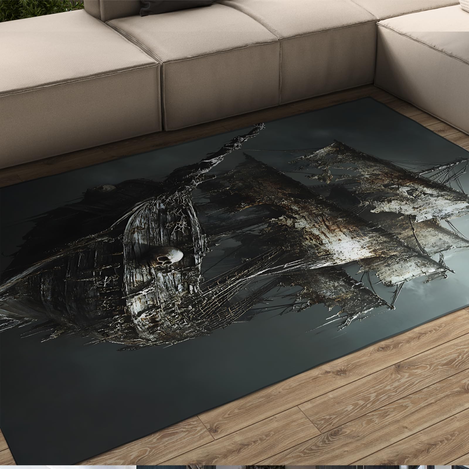 Tapis squelette grand format 140x200cm voilier fond de la mer