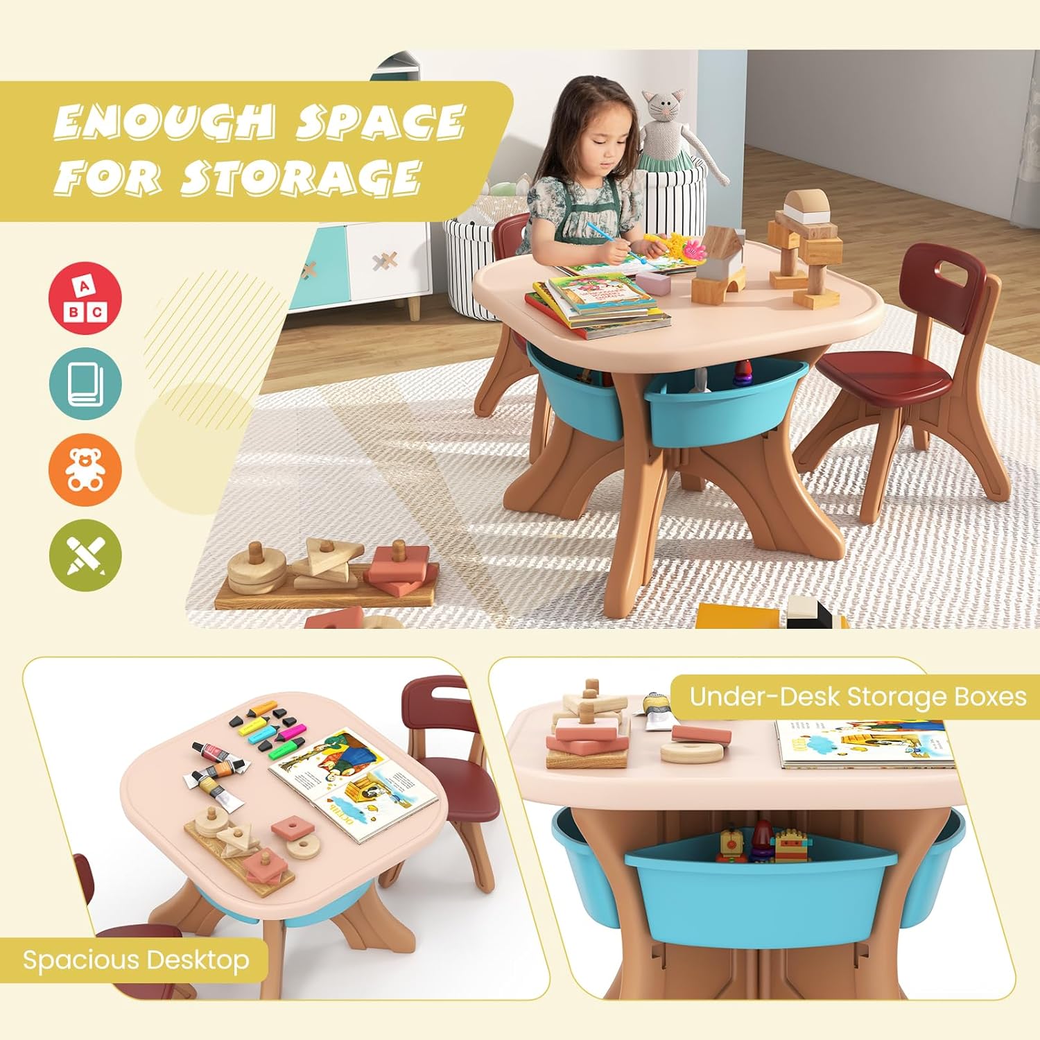 DORTALA Kids Table and Chair Set, Plastic Children Activity Table and 2 Chair Set w/Storage Bins, 3 Piece Toddler Table and Chairs for Art, Craft, Reading, Drawing, Gift for Boys Girls (Coffee)