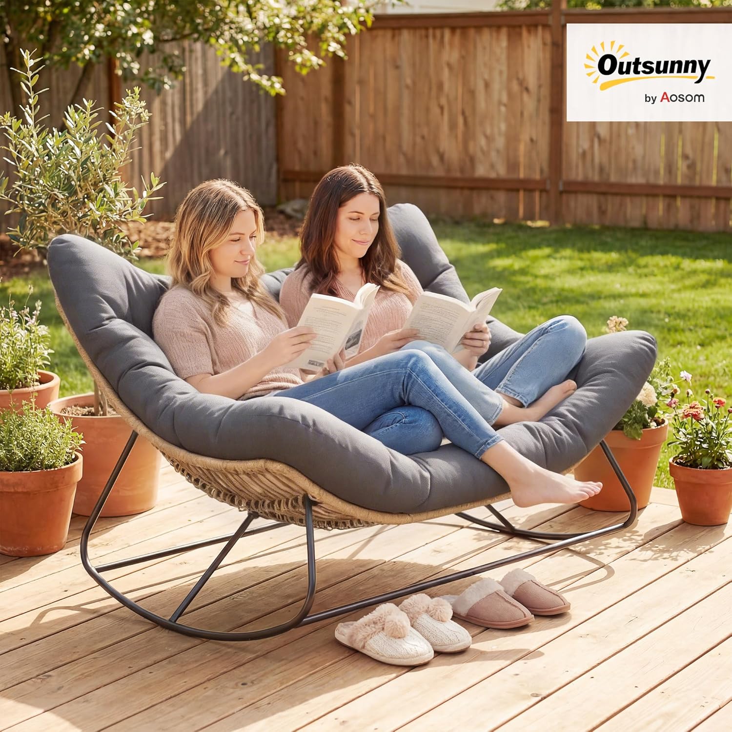 Outsunny Double Papasan Rocking Chair, Wicker Oversized Indoor Outdoor Rocking Chair with Cushion, PE Rattan Padded Outdoor Rocker Egg Chairs for Living Room, Garden, Patio, Balcony, Gray