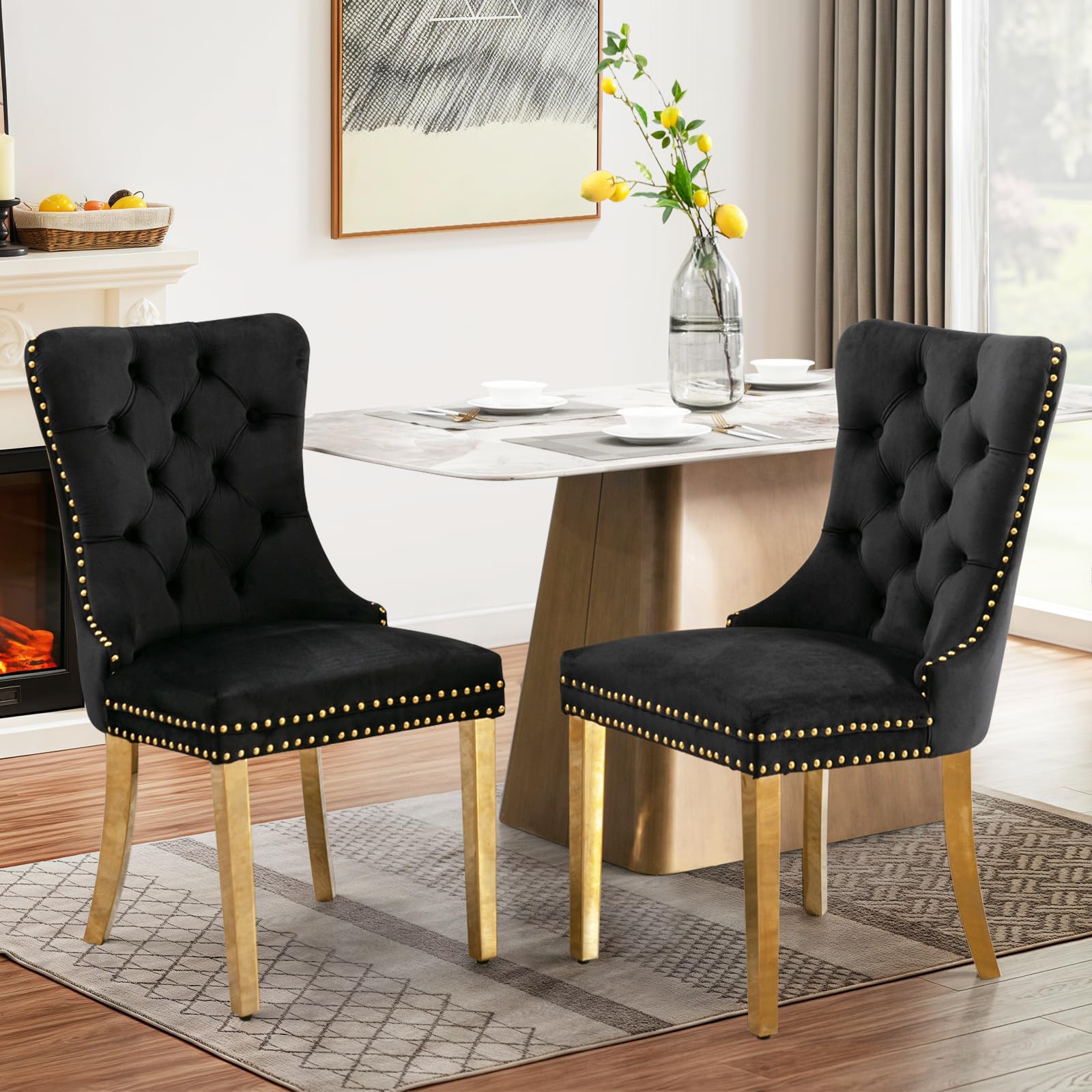 Velvet Upholstered Dining Chairs Set of 2, Modern Mid-Century Kitchen Chairs with High Back, Nailhead Trim and Golden Legs,Metal Pulling Ring for Dining Room Living Room