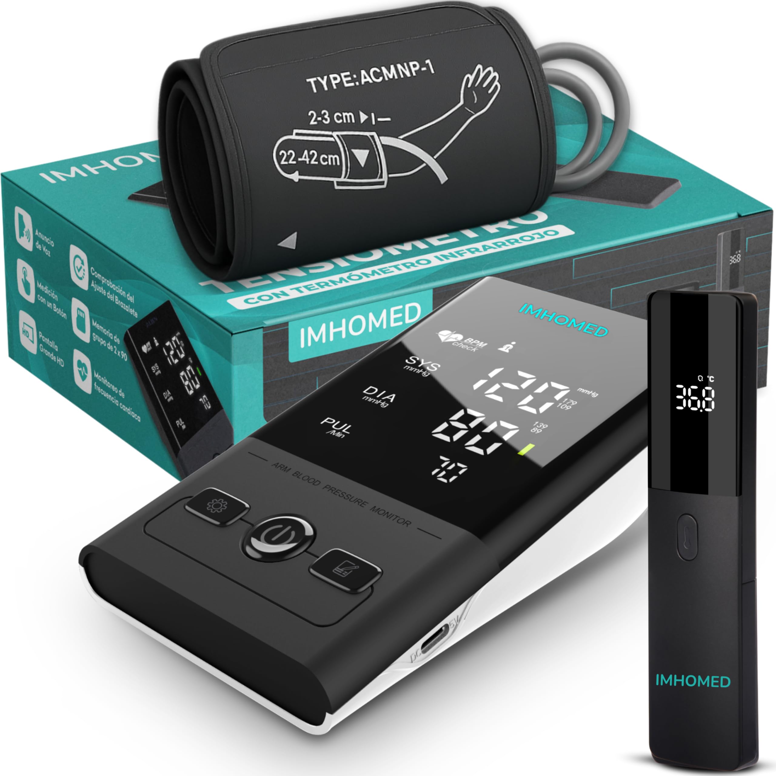 Tensiometro de Brazo Digital+Termometro Digital PACK PREMIUM, Uso Médico Validado, Doble Alimentación USB-C, Voz en Español, Pantalla HD, Medición Precisa Presión Arterial y Temperatura.