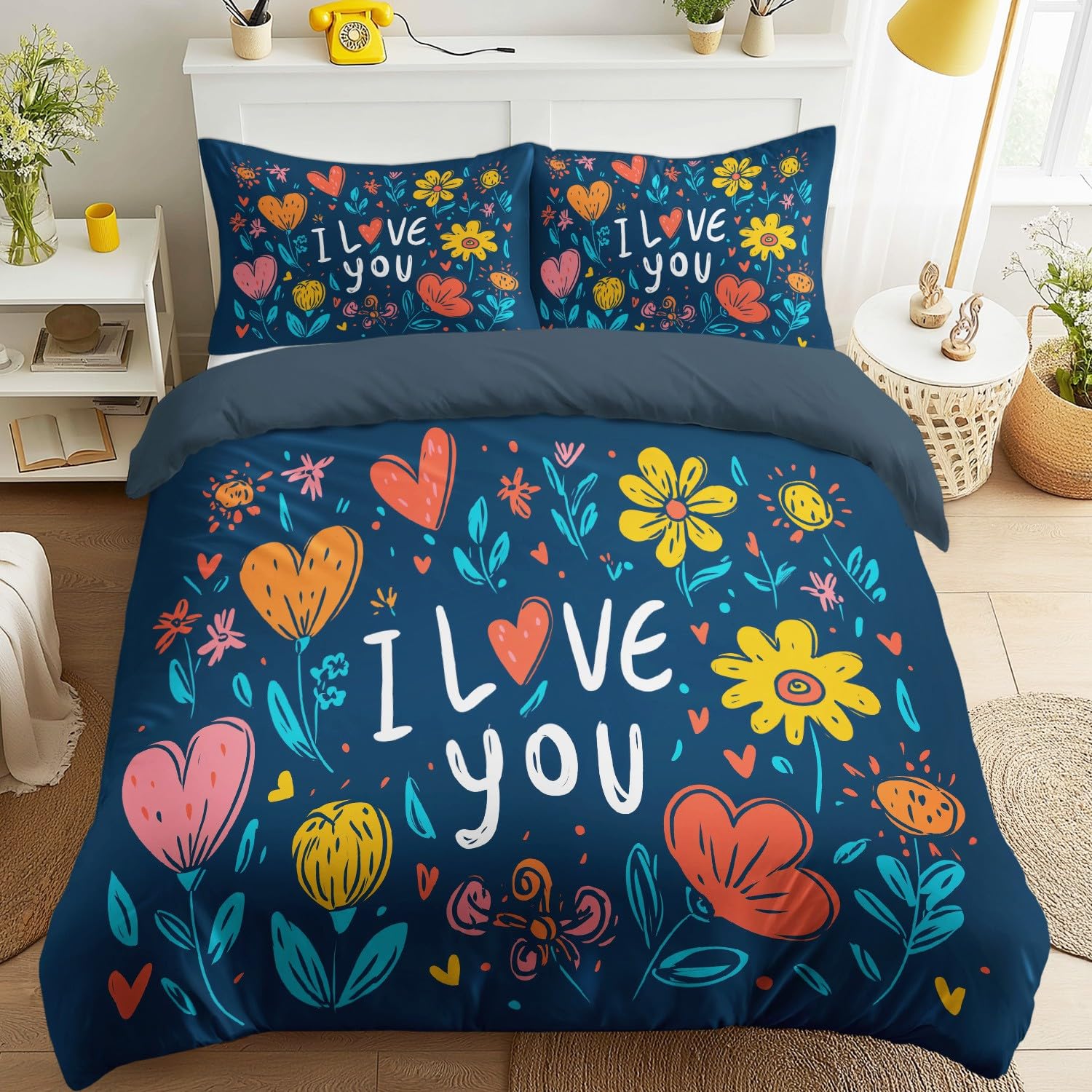 Housse de couette 240x260 bleu canard au style romantique pour grand lit douillet