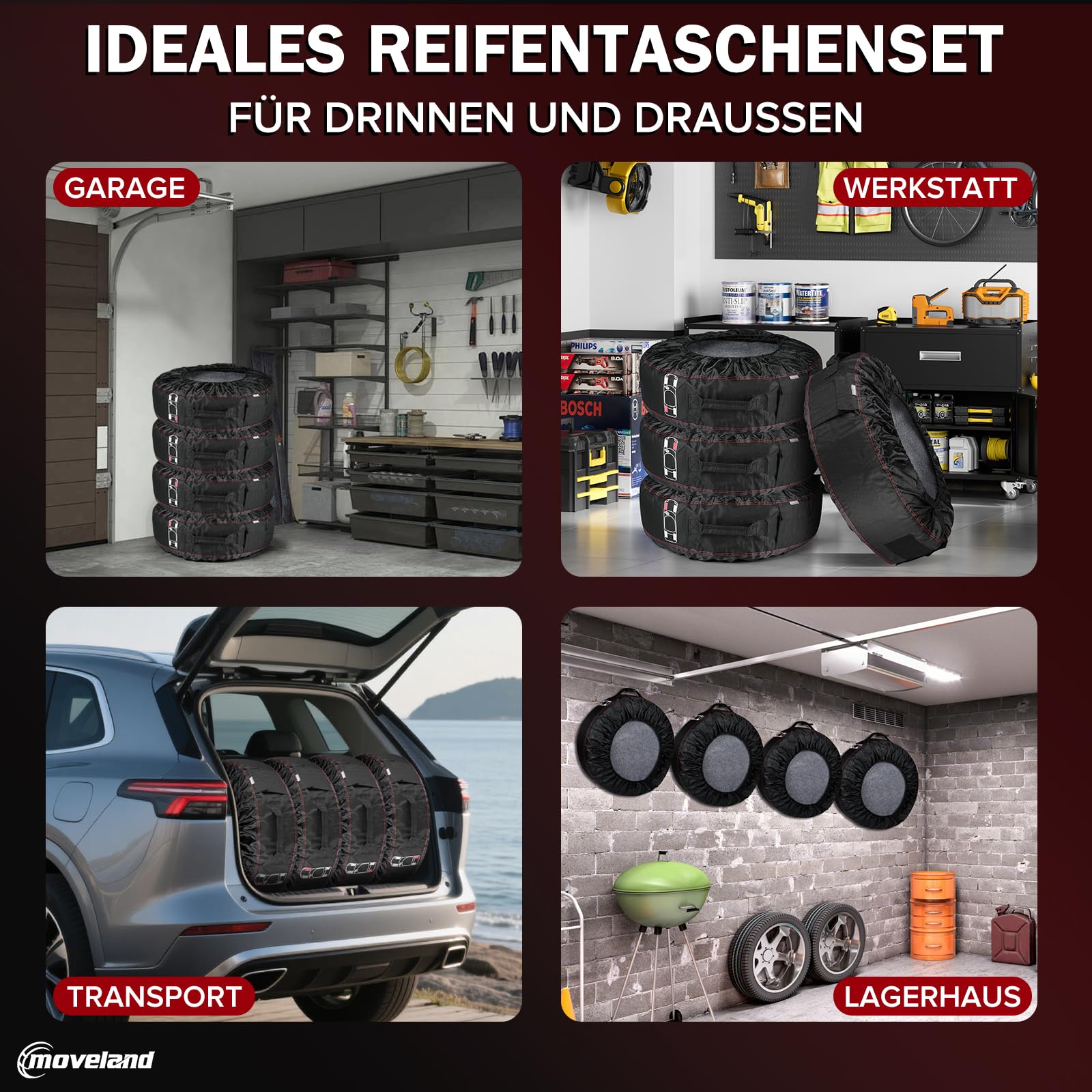 moveland reifentaschen 18-22 Zoll - Reißfeste reifentasche 4er Set- Keep Clean reifenschutzhülle - reifensäcke mit 4 Filzpads - wasserdicht staubdicht schützen lagern und transportieren Reifen