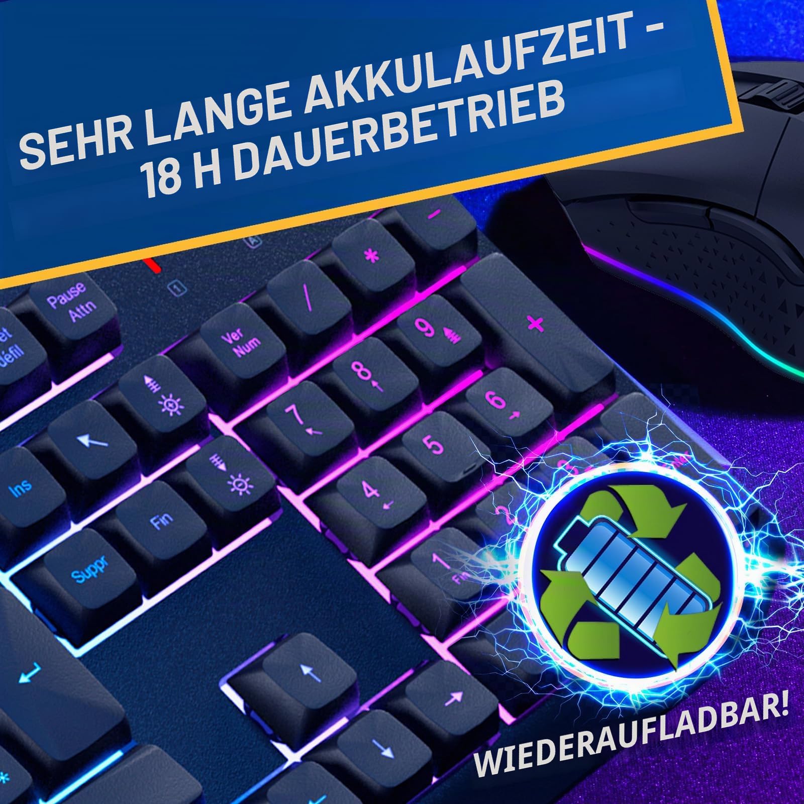 KLIM Blaze und Chroma Kabelloses Maus Tastatur Set AZERTY Französisch | Kombiset mit mehreren Empfängern Anti Ghosting Tasten und Windows Sperrfunktion, Schwarz