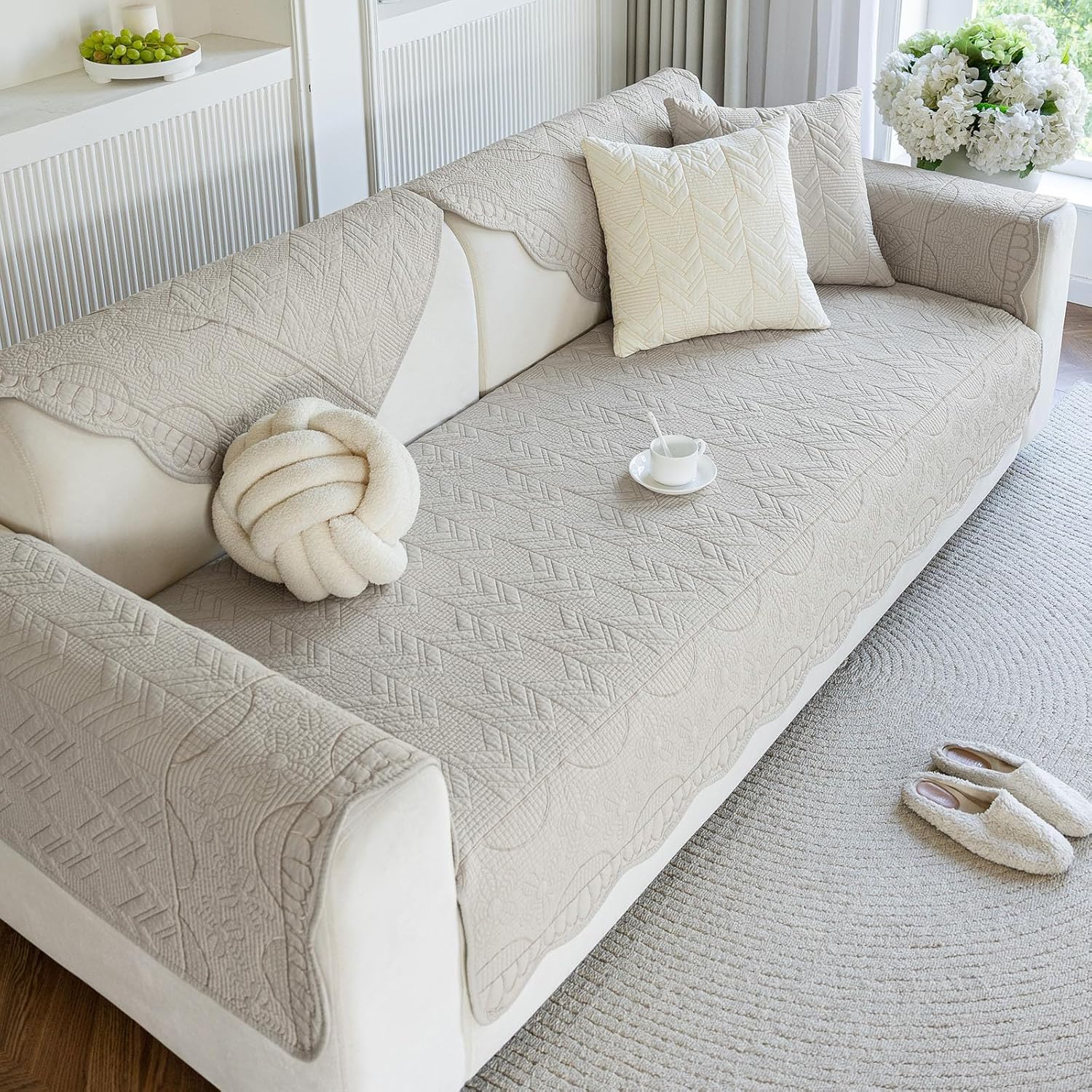 Cotton Quilted Pet Couch Covers for Sofa Farmhouse Rustic Floral Embroidery Sectional Couch Cover Soft Anti-Slip Sofa Slipcover Furniture Protector for Kids, Dogs, Pets (Khaki,28"x59")