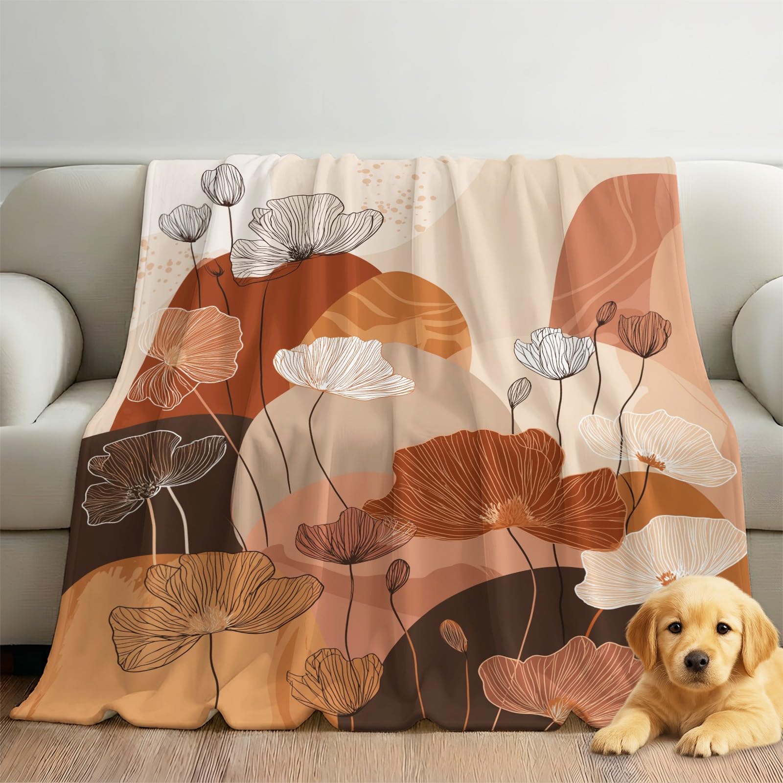 Koc polarowy z nadrukiem kwiatowym na kanapę 220 x 240 cm | Koc pluszowy i przytulny koc narzuta – dekoracyjny boho kwiat liść narzuty koce na sofy krzesła łóżka