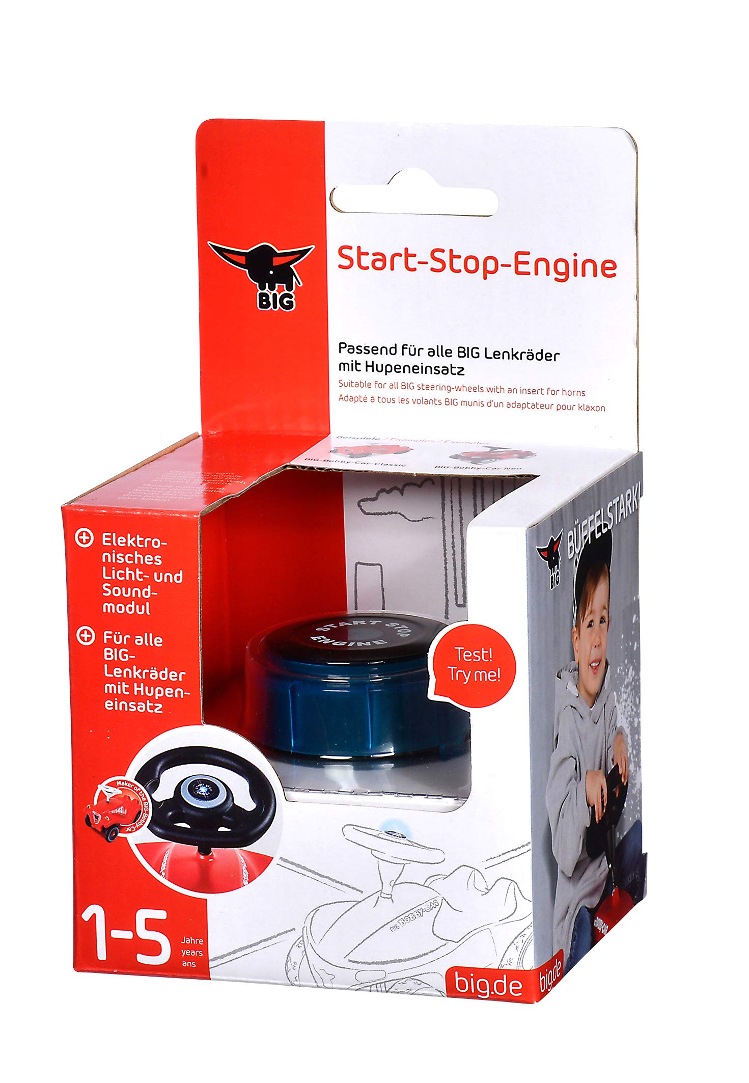 Duży silnik start-stop – akcesoria Bobby Car, pasują do wszystkich kierownic Bobby Car z wkładką klaksonową od roku produkcji 2010, odgłosy silnika z efektem świetlnym, dla dzieci od 1 roku życia