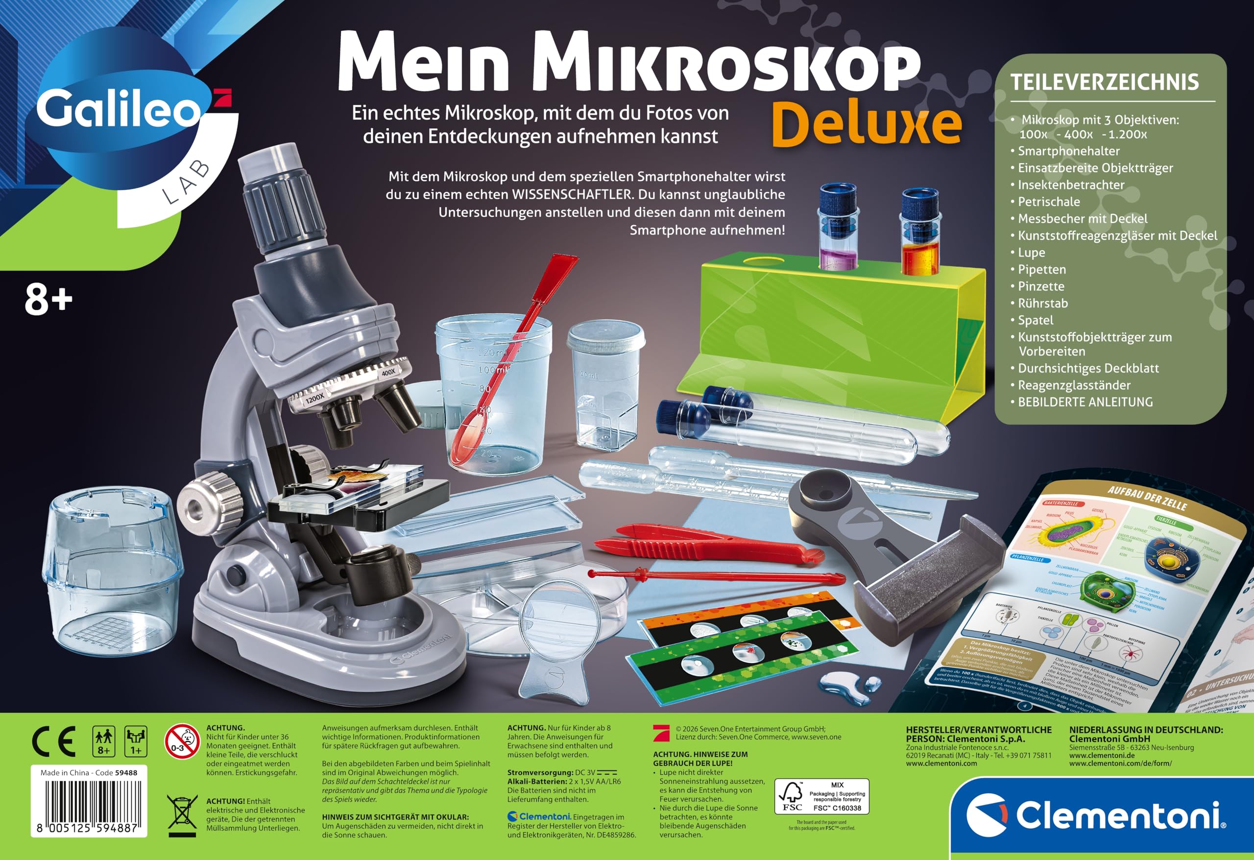 Galileo Lab Mein Mikroskop Deluxe - Experimentierkasten für Mädchen & Jungen mit zahlreichen Instrumenten & Werkzeugen - Forschungs-Labor für Kinder ab 8 Jahren - 59488 von Clementoni