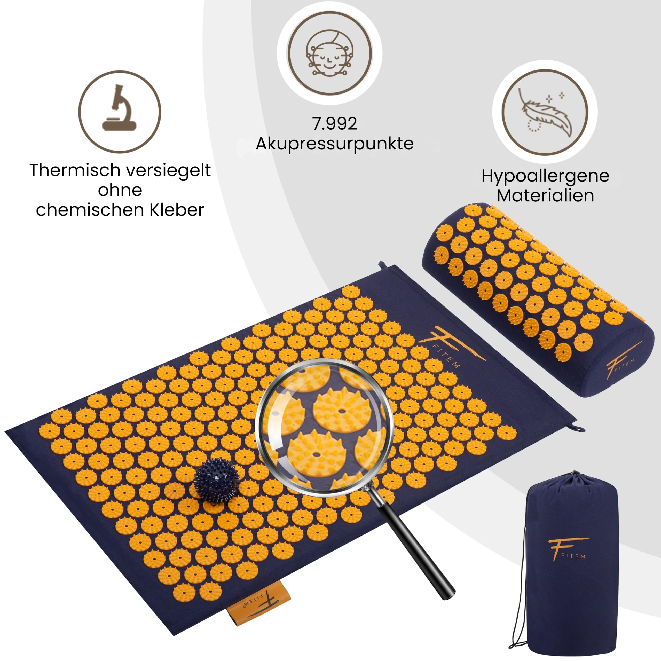 Fitem Akupressur-Set mit Matte, Kissen, Tasche und Massageball, lindert Rücken- und Nackenschmerzen, fördert Muskelentspannung, Massage, Entspannung und Wohlbefinden zu Hause