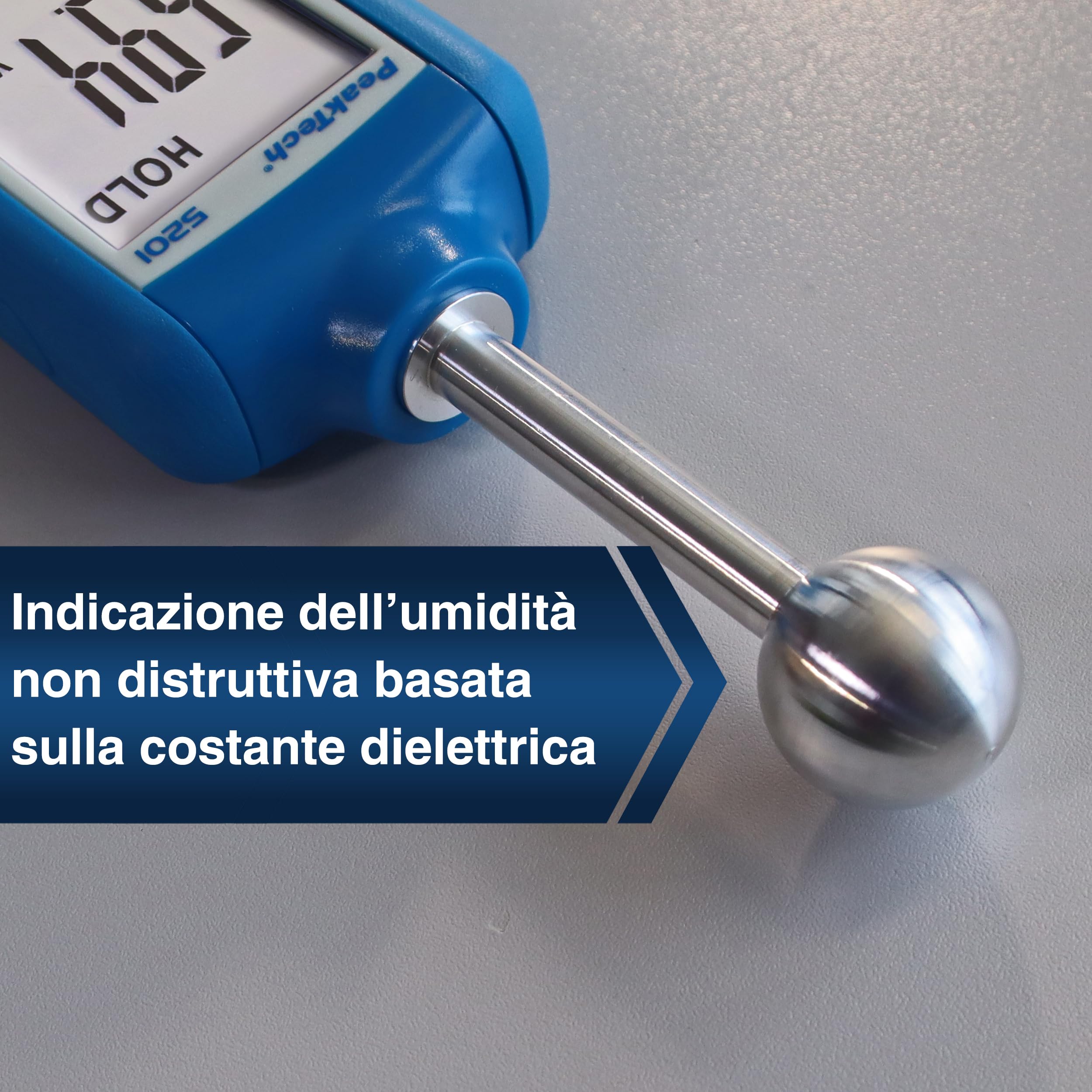 Peaktech 5201 – Misuratore di Umidità, Igrometro per Edilizia, Indicatore di Umidità del Legno, Parete, Gesso, Gesso, Muratura - Profondità di Misurazione: 20-40 mm, Blu
