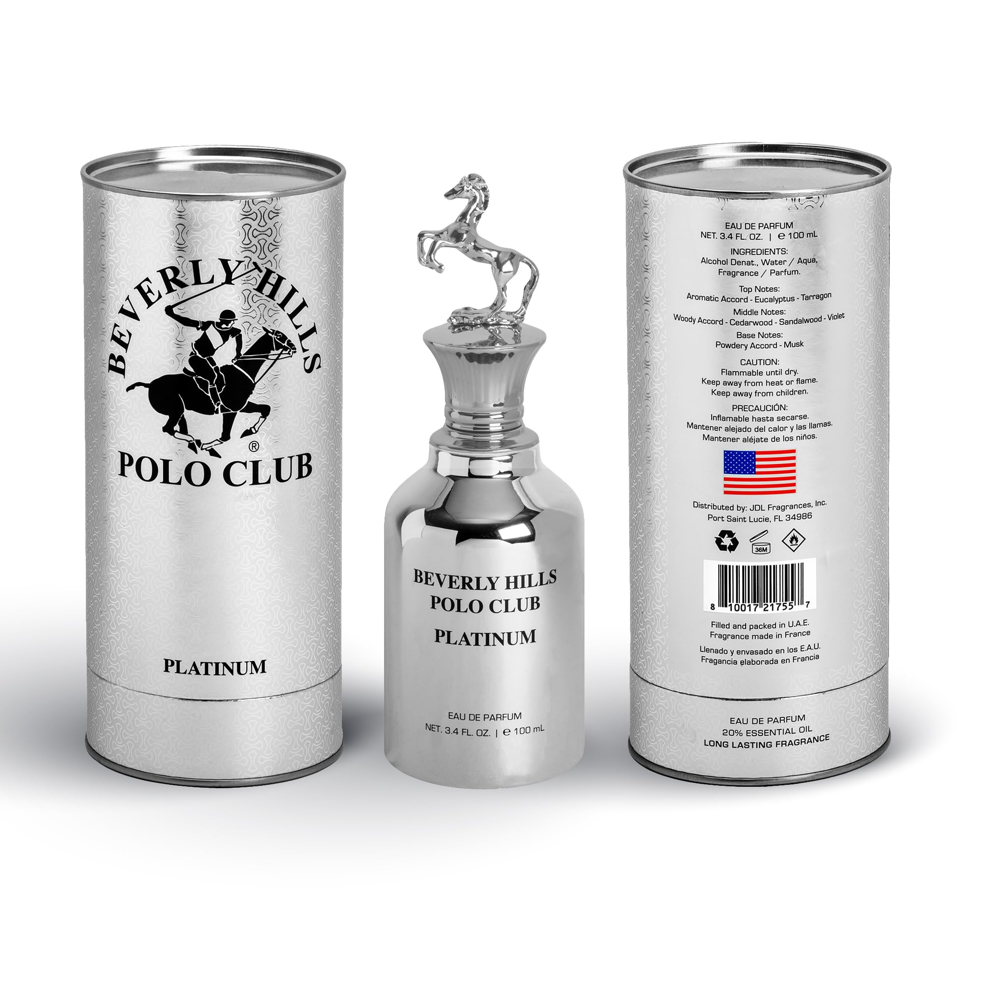 Beverly Hills Polo Club PLATINUM Eau de Parfum for Men - 3.4 Fl Oz Long-Lasting Fragrance with Iconic Metal Horse Cap & Premium Cylinder Box