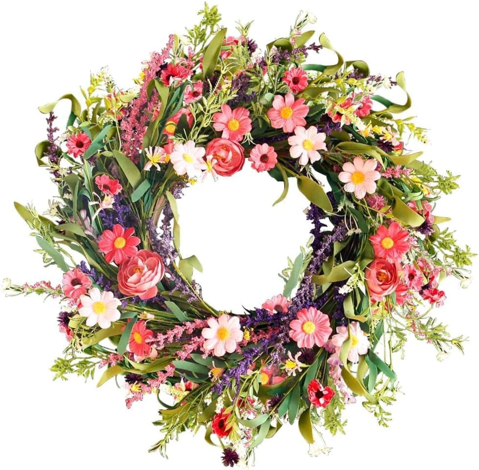 Spring Summer Outdoor Wreath, 45cm Pink Red Daisy Rose Lavender Floral Wreath with Greenery for Front Door All Season Home Decor (55CM)