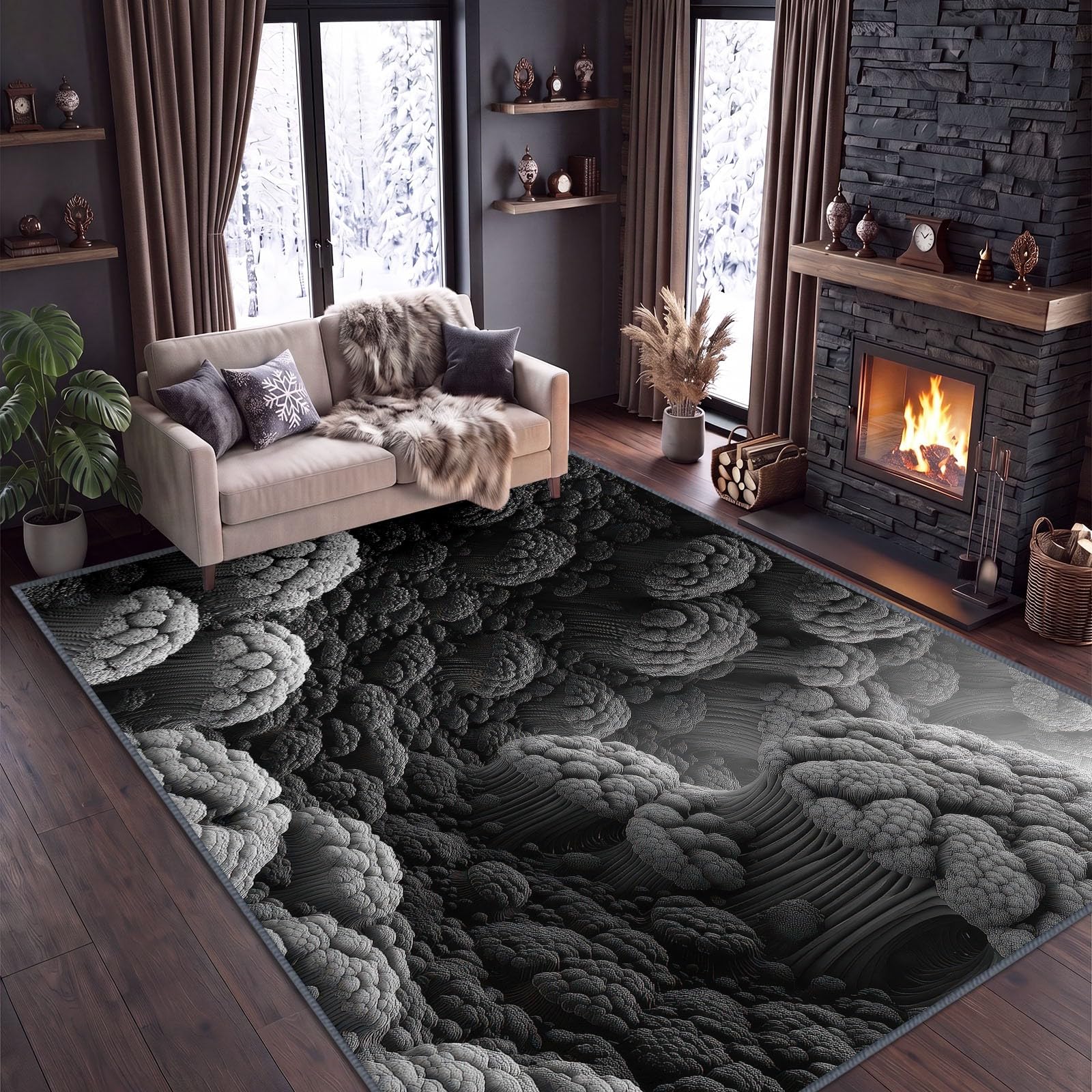 Tappeto per soggiorno, 80 x 150 cm, astratto, moderno, geometrico e organico, stampa 3D, flanella, a pelo corto, lavabile, adatto per robot aspirapolvere, per camera da letto, colore grigio