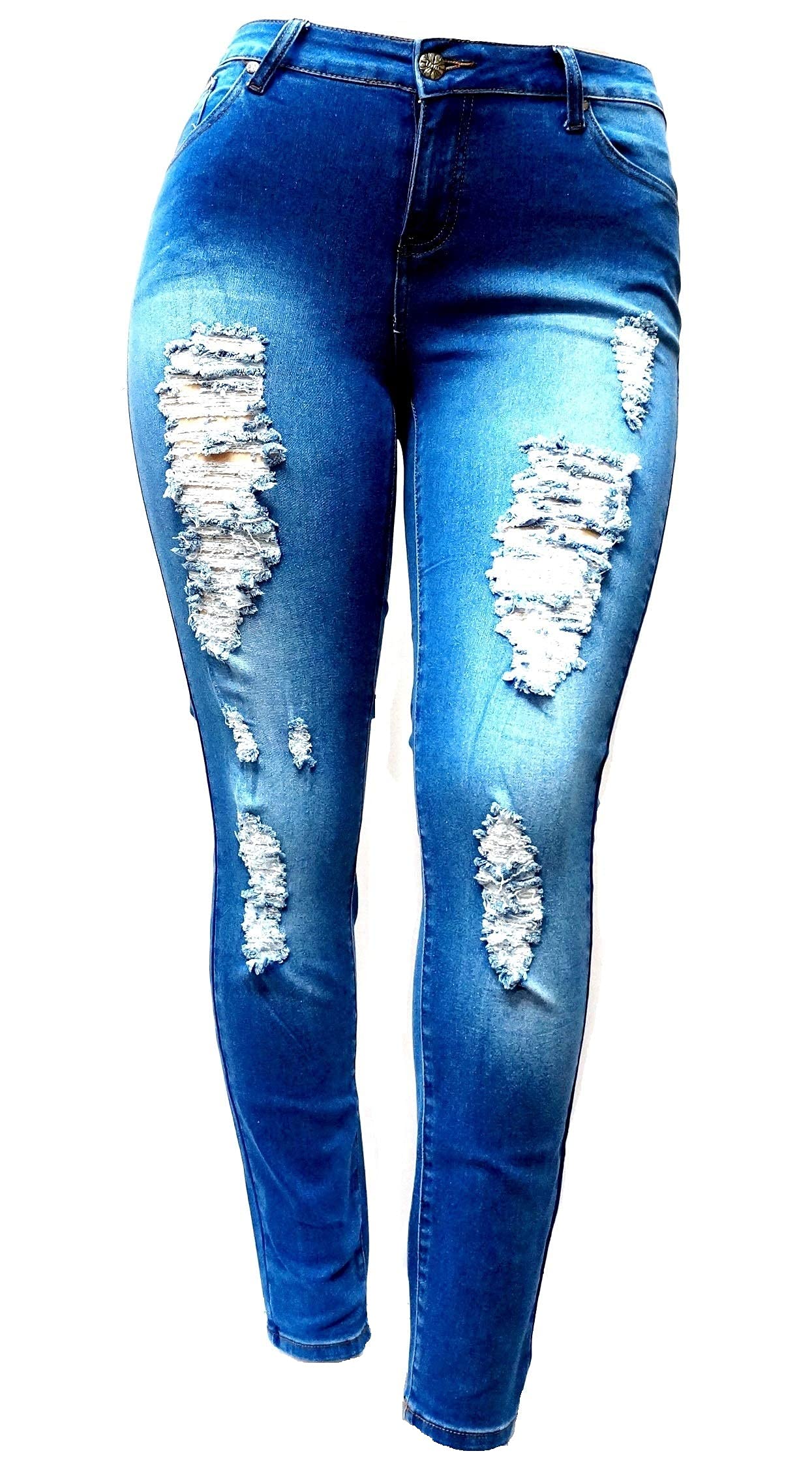 Jack David/Wax Womens Plus Size Ripped Destroy Blue Denim Roll up  Distressed Jeans Pants