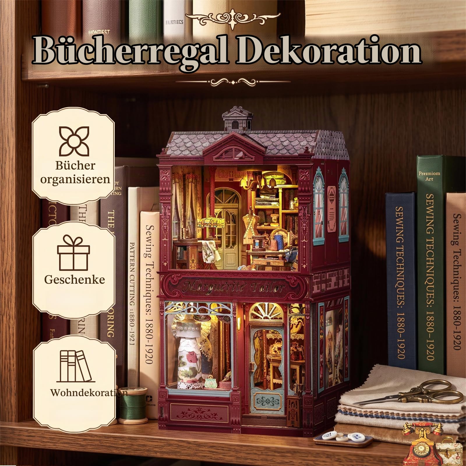 CUTEBEE Book Nook Kit - DIY Miniatur Haus Modellbau Set (Marguerite Tailor) | 3D Puzzle aus Holz, Dekorative Buchstütze für Bücherregal mit LED-Licht & Staubschutz
