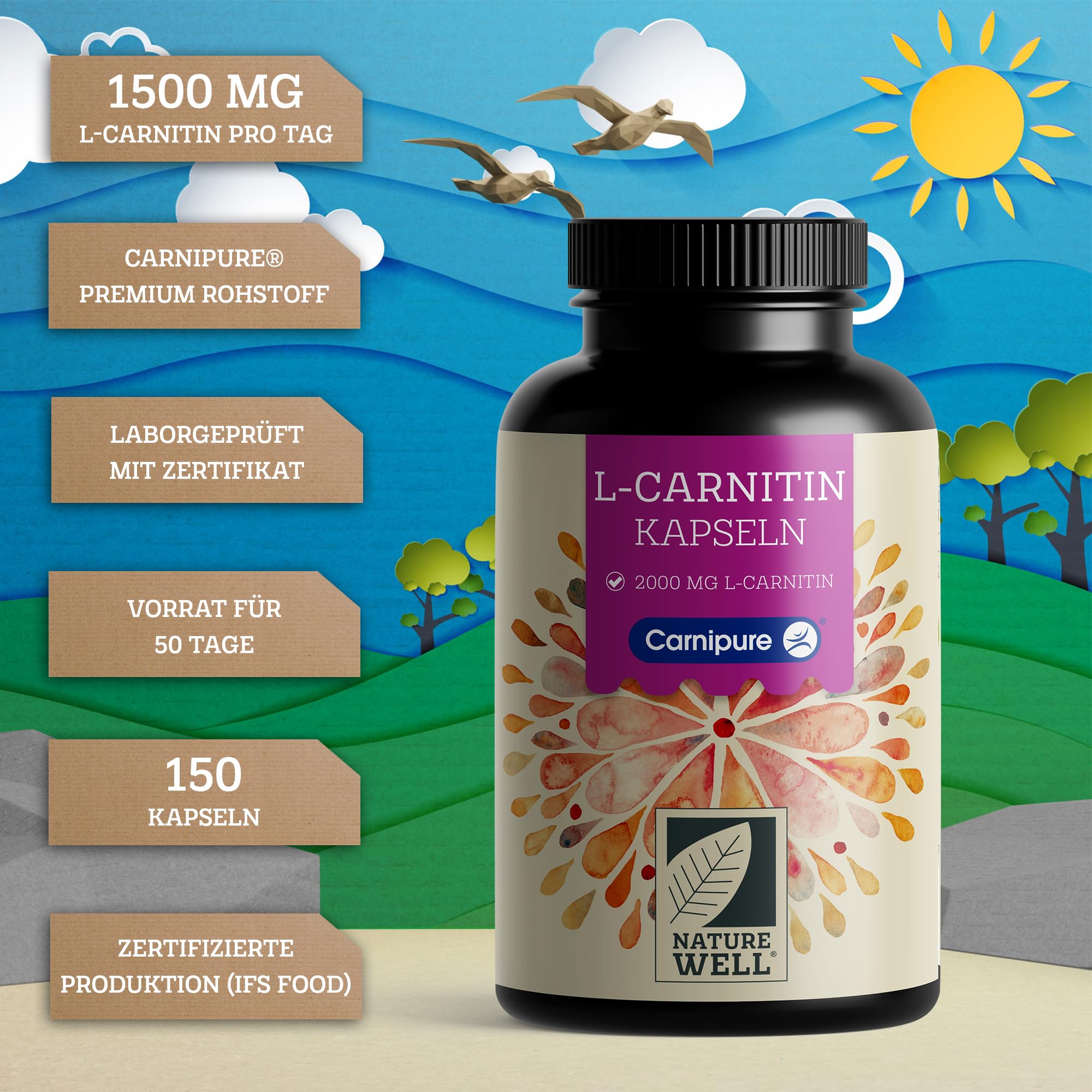 L-Carnitin Kapseln 450x - hochdosiert mit 2250 mg Carnipure®, dem Premium L-Carnitin-Tartrat von Lonza - laborgeprüft mit Zertifikat - 100% vegan - Vorrat für 150 Tage