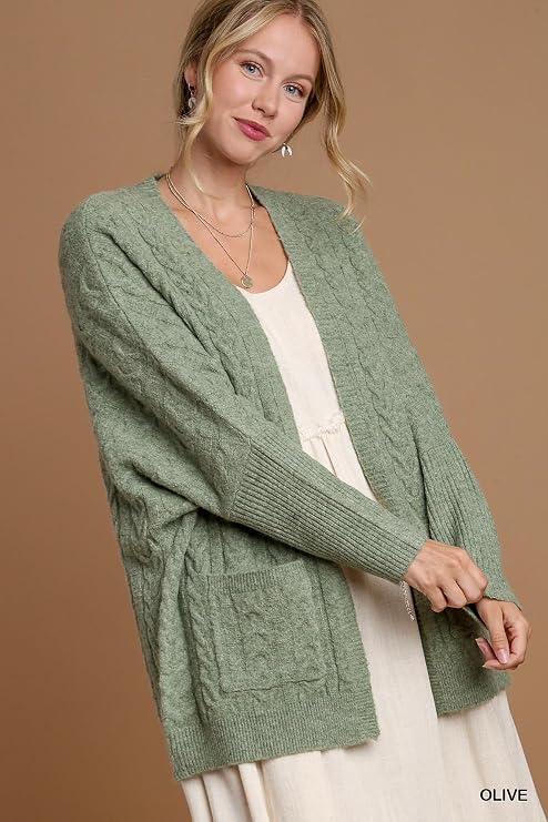 Umgee Open Front Cardigan with Side Pockets (US, Alpha, Large, Regular, Regular, OLIVE)