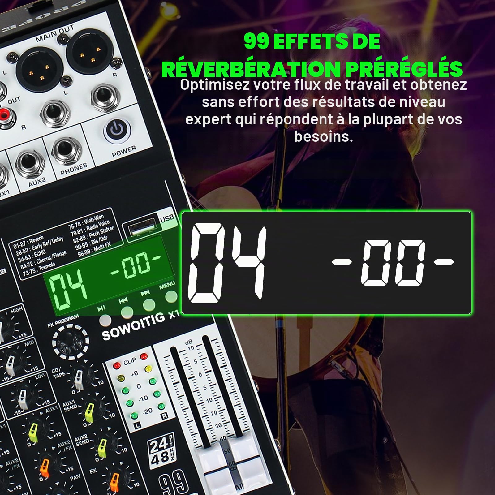 Mixeur audio 4 canaux, table de mixage audio professionnelle avec effets 99DSP, table de mixage DJ compacte avec USB, Bluetooth, alimentation fantôme 48 V et bouton PAD pour l'enregistrement, le