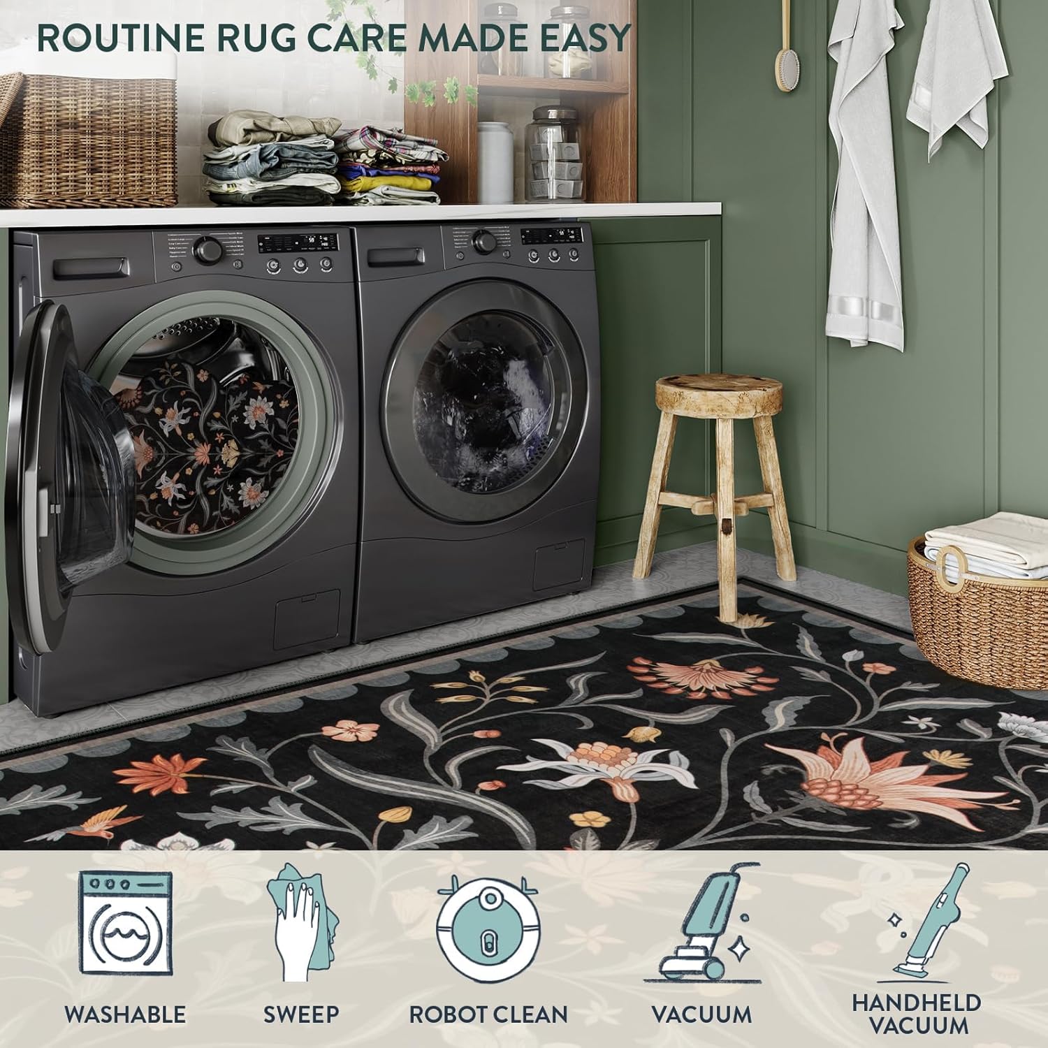 Lahome Boho Floral 2'6"x8' Washable Runners for Hallways, Kitchen Runner Rugs Non Skid Ultra-Thin, Soft Hallway Rug Throw Carpet Runners for Bedroom Bathroom Laundry Room (Black,2.6x8ft)