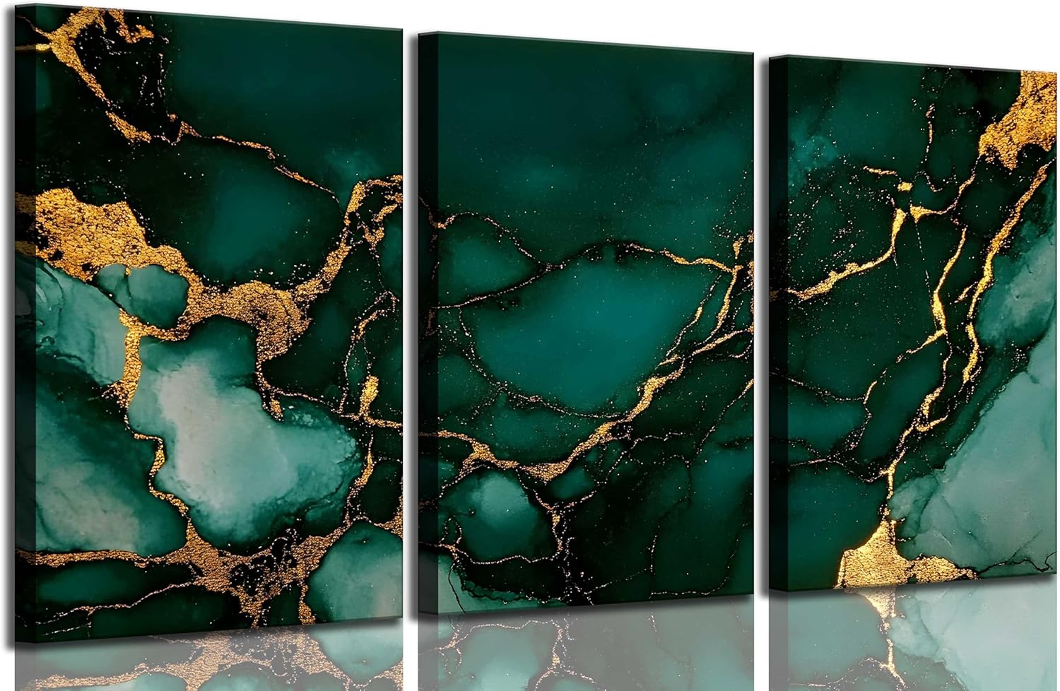 3pcs Emerald Green and Gold Canvas Wall Art Modern Abstract Gorgeous Fluid Marble Paintings Pictures Living Room Wall Decor Posters Print Artwork for Bedroom Bathroom Office Home Decoration