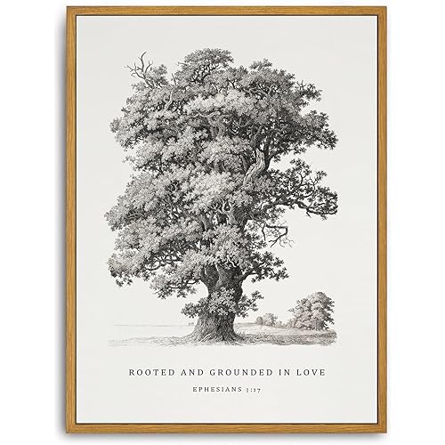 Roslynity Framed Canvas Wall Art Vintage Print Christian Paintings Bible Verse Ephesians 3:17 Rooted and Grounded Modern Scripture Tree Sketch Retro for Home Living Room Wall Decor (12"x16")