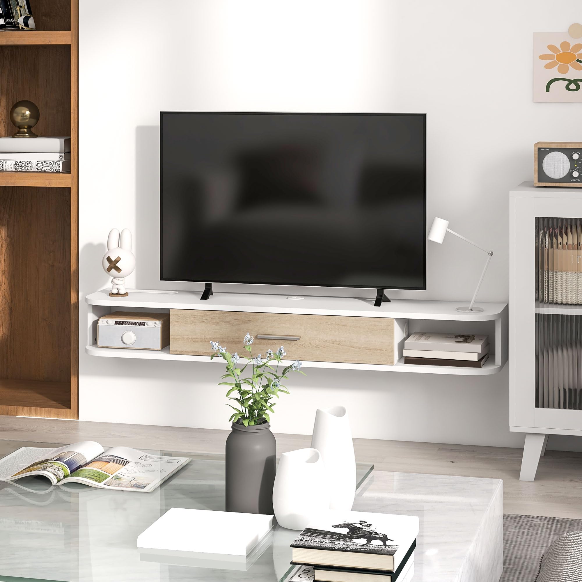HOMCOM Mueble TV de Pared 120 cm para TVs hasta 50 Pulgadas, Blanco | Soporte TV, 2 estantes abiertos, puerta abatible, gestión de cables, banco TV flotante, salón, dormitorio