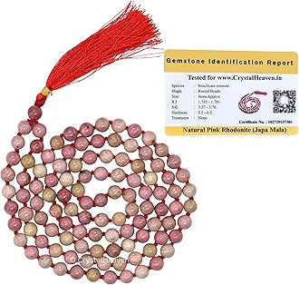 Crystal HeavenCertified Pink Rhodonite Crystal Japa Mala Ganthi - 108 Beads Buddhist Prayer Beads - AAA Grade Original Healing Gemstone Agate Mala for Yoga Meditation Spiritual Reiki Feng Shui