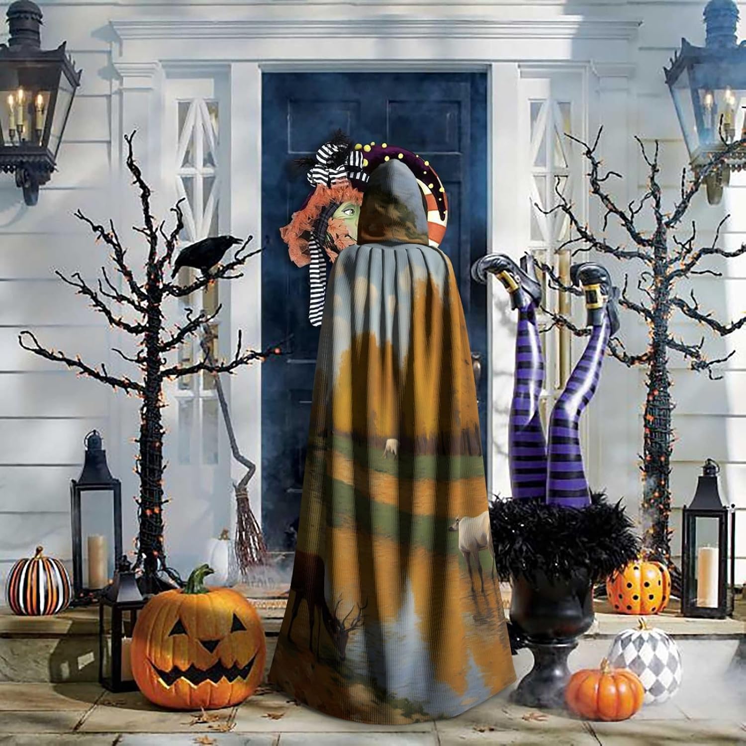 Unisex Full Length Hooded Halloween Christmas Party Robe Cloak Cape Cosplay Costume Men Women Deer Drinking Water Prints Black