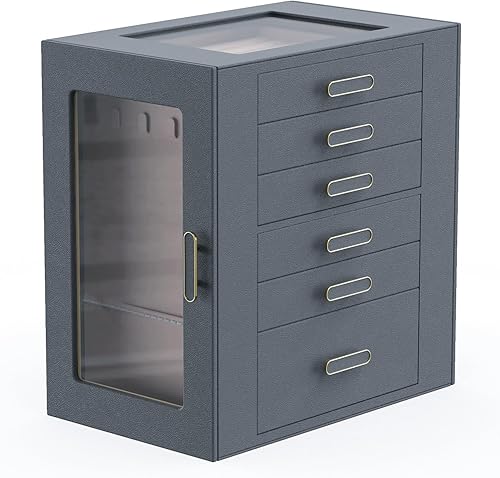 Joyeros para mujer, organizador de joyas de 6 capas con tapas de vidrio, organizador de joyas con 5 cajones y 2 puertas de vidrio para