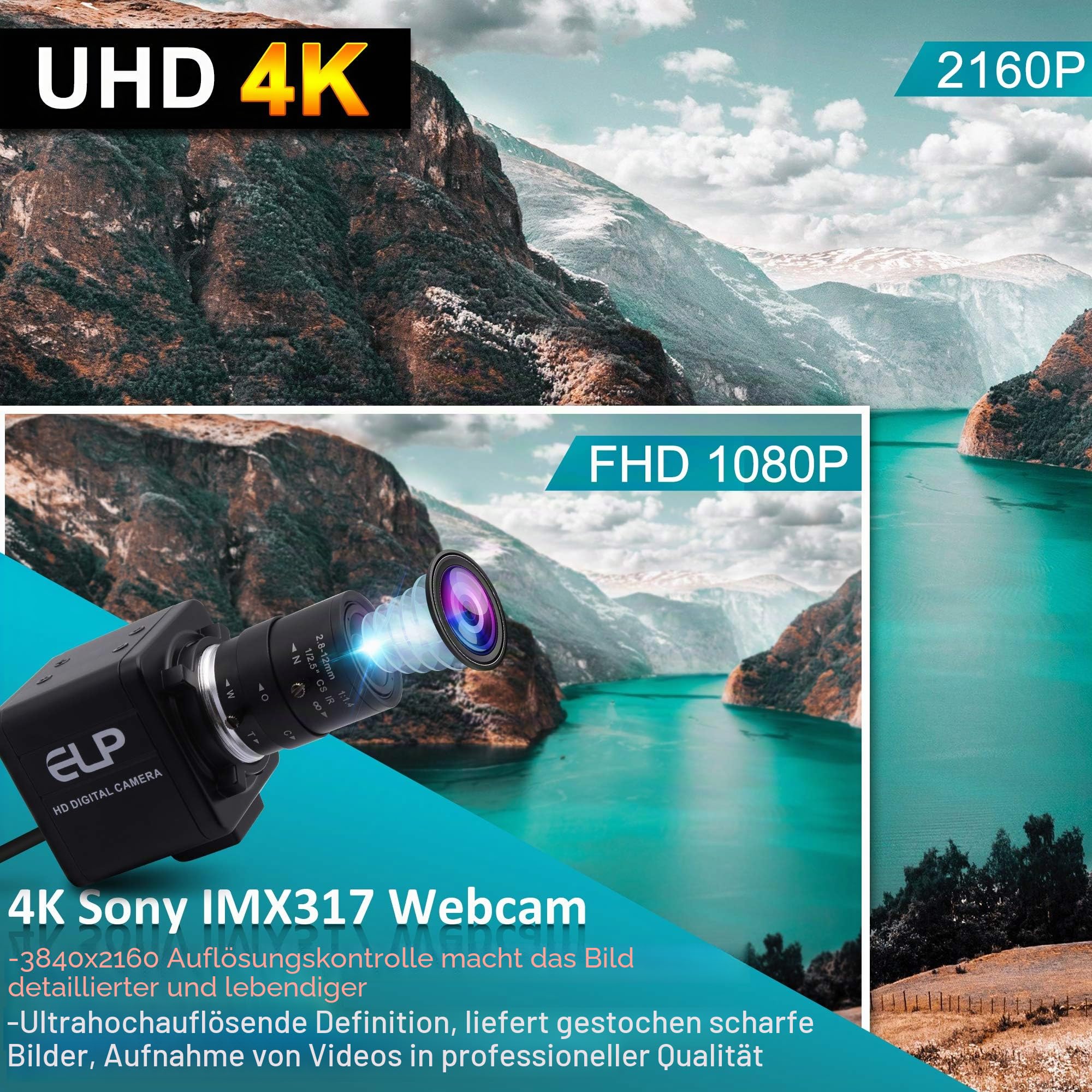 ELP 4K Web Kamera,Ultra HD IMX317 USB Kamera mit 5-50mm Zoom Objektiv,PC Mini Webkamera Unterstützung 3840x2160@30fps,2160P USB Videokonferenz Webcams für Windows/Linux USB4KHDR01-MFV(5-50)
