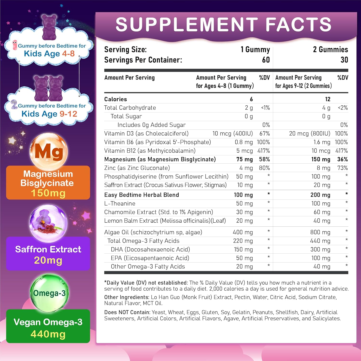 Magnesium Gummies for Kids - Magnesium Glycinate Chewable Supplement with L-Theanine, Vitamin B6, Phosphatidyiserine and Omega for Kids Natural Zzz, Development & Overall Health - Sugar Free & Vegan