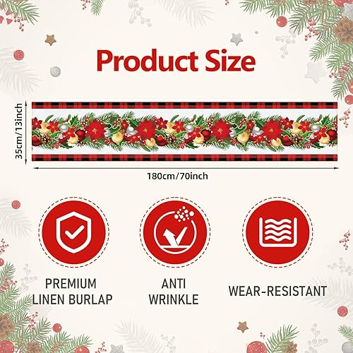 Miniatura 3 de Camino de mesa navideño de 72 x 13 pulgadas, flores de Navidad y adornos de bolas, cubierta de mesa para fiestas temáticas de Navidad, decoración de