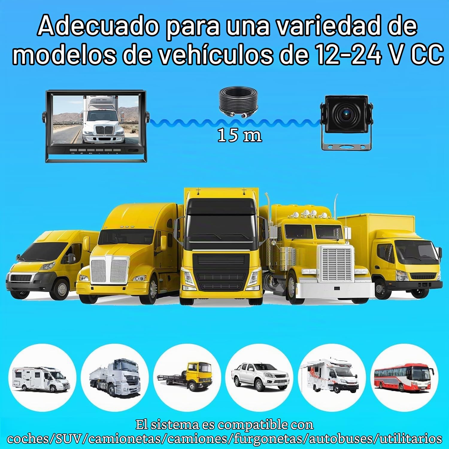 Hikity Kit Cámara Marcha Atrás AHD 7" LCD 1080P IP69 15M | Visión Nocturna IR. Estacionamiento. Coche/Camión/RV