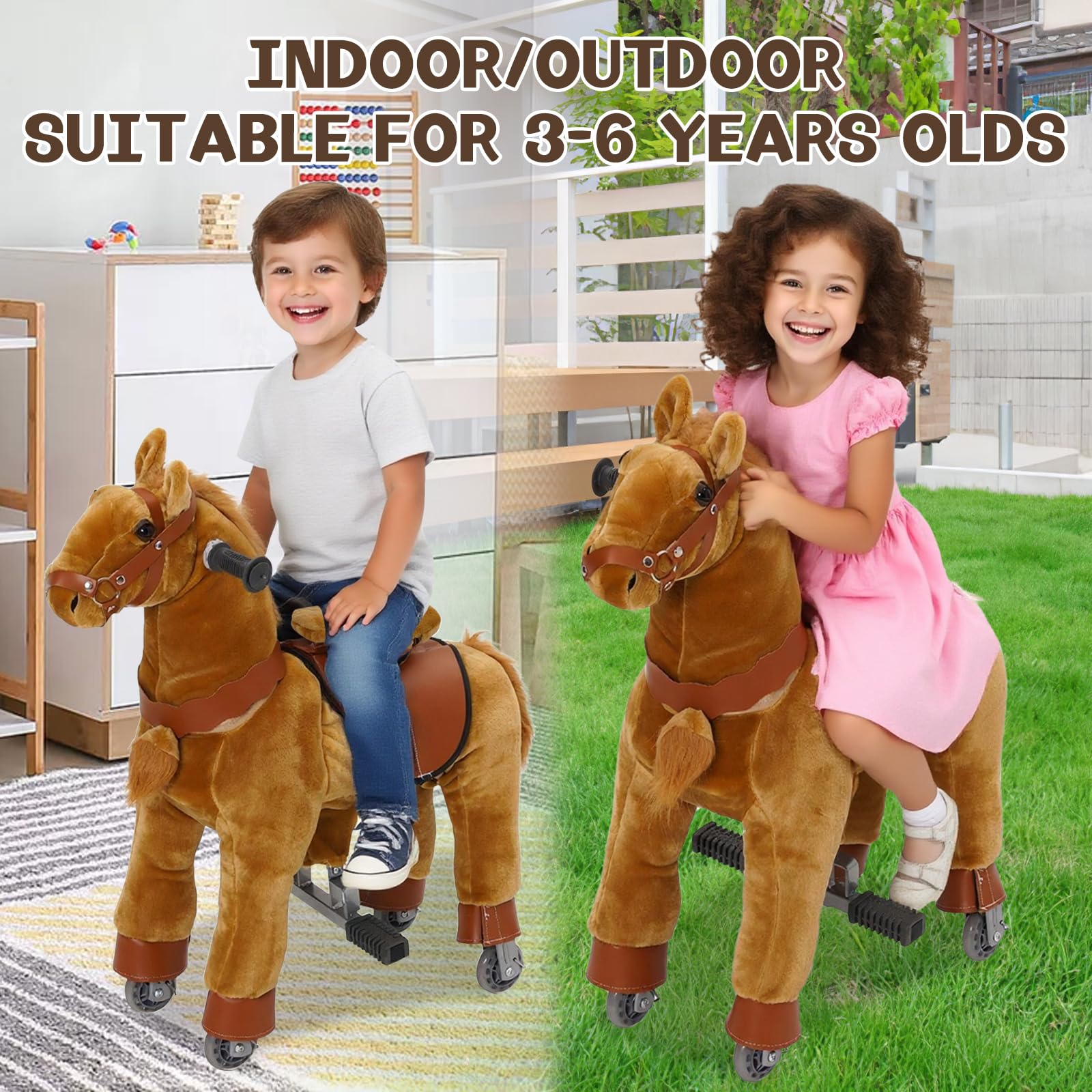 CavalloCavalcabile per Bambini, Cavallo Equitazione Giocattolo per Bambini, Cavallo con Ruote, CavalloPeluche per Bambino 3 4 5 6 Anni
