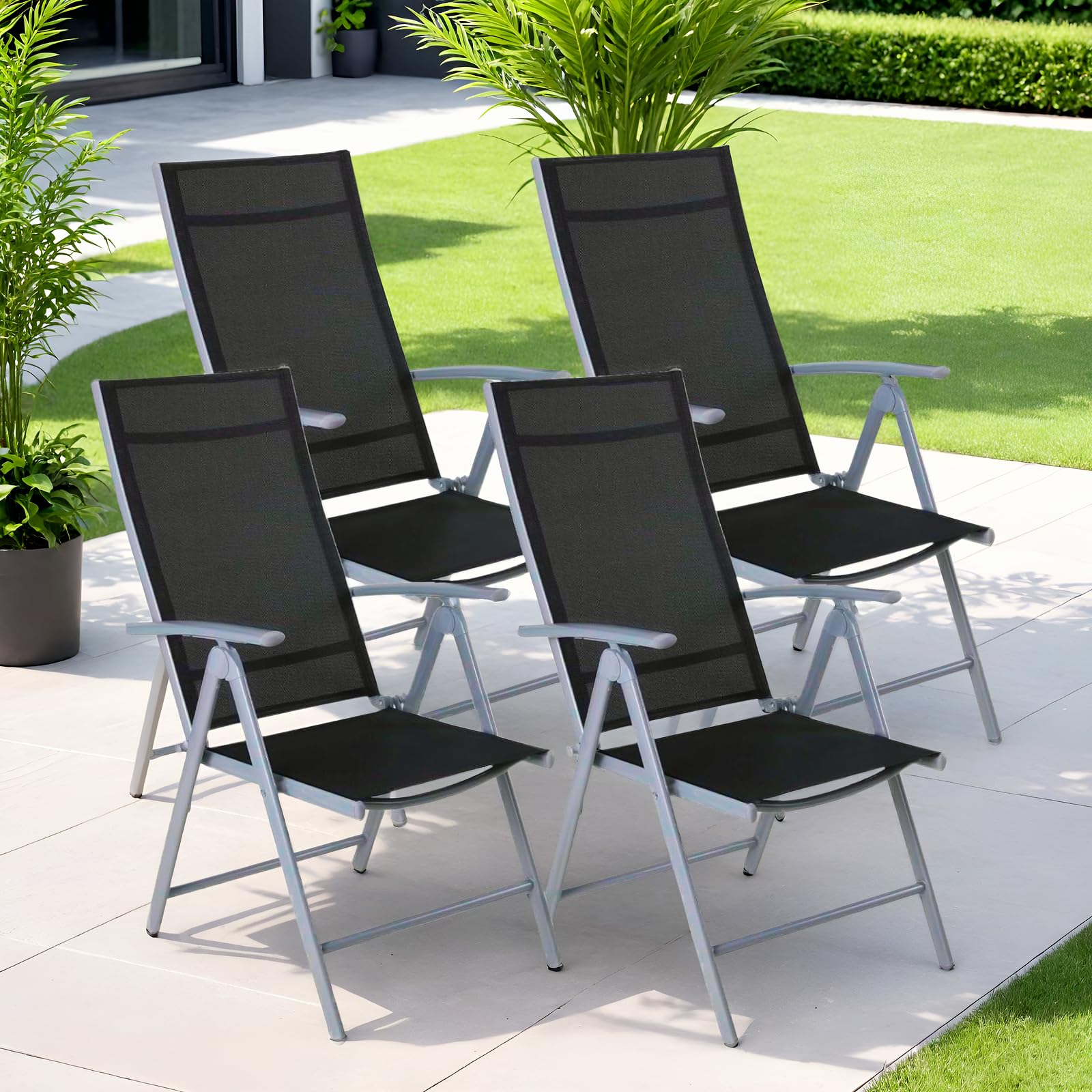 Clevich Gartenstühle Alu 4er Set, Gartenstuhl Hochlehner Klappbar mit 7-Fach Verstellbar Rückenlehne, Balkonstühle bis 120kg, Leicht Campingstühle, Ergonomisch Atmungsaktiv & Komfortabel, Silber Grau