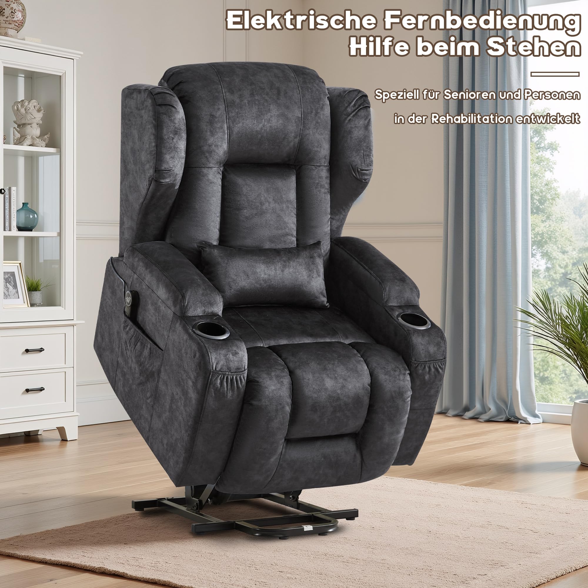 Fernsehsessel mit Aufstehhilfe Elektrisch, Relaxsessel mit Liegefunktion, Massagesessel mit Massage Wärmefunktion Seniorensessel für Senioren, 2 Seitentaschen und Getränkehalters (Samt Grau)