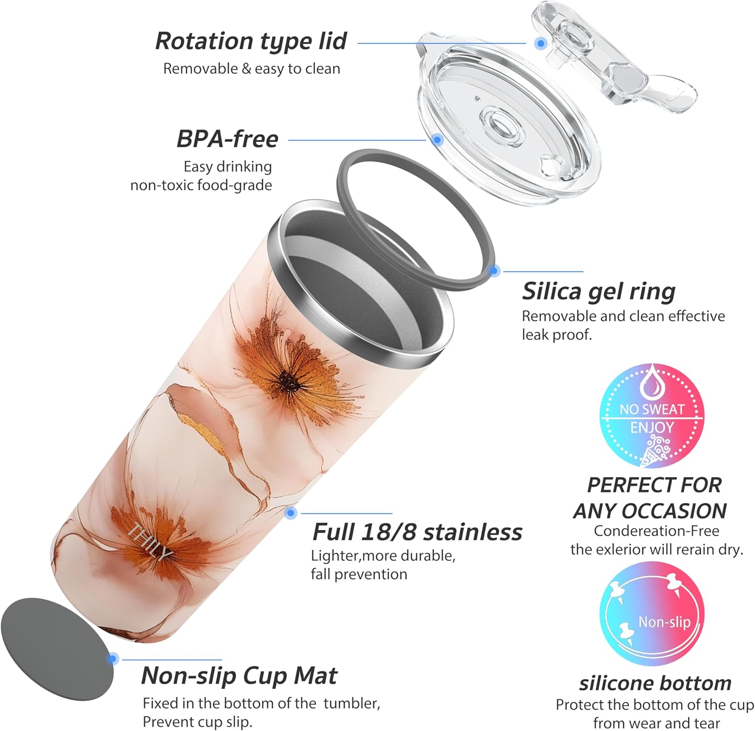 THILY Stainless Steel Vacuum Insulated Tumbler 26 oz Travel Mug Wide Mouth Coffee Cup with 2 Lids and Straws, Splash Proof, BPA Free, Keep Iced Drinks Cold, Golden Bloom Whispers - Image 4