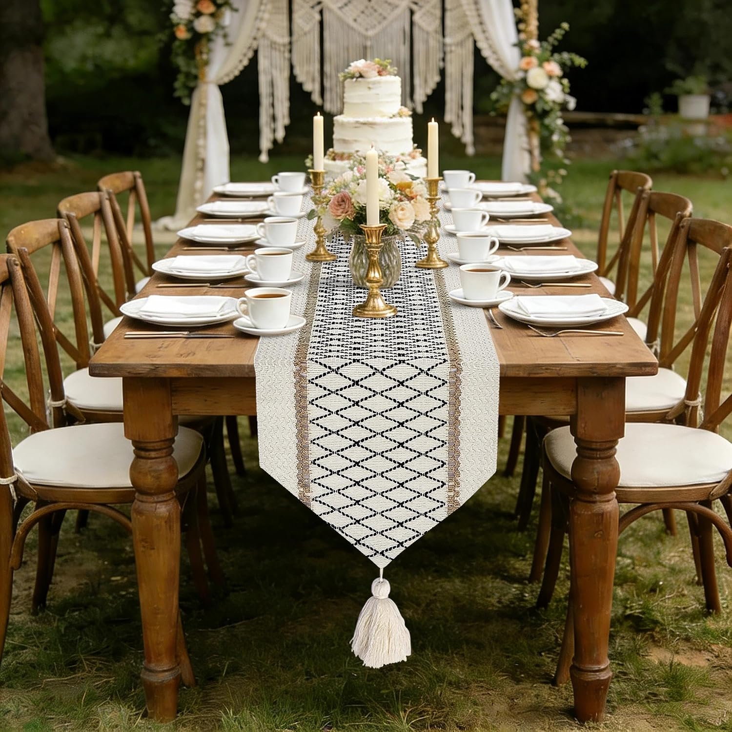  Boho Table Runner 90 Inches Triangular End - Spring Farmhouse Long Table Runners with Tassels, Dresser Runners for Bedroom, Coffee Table, Kitchen, Rustic Table Decor thumbnail