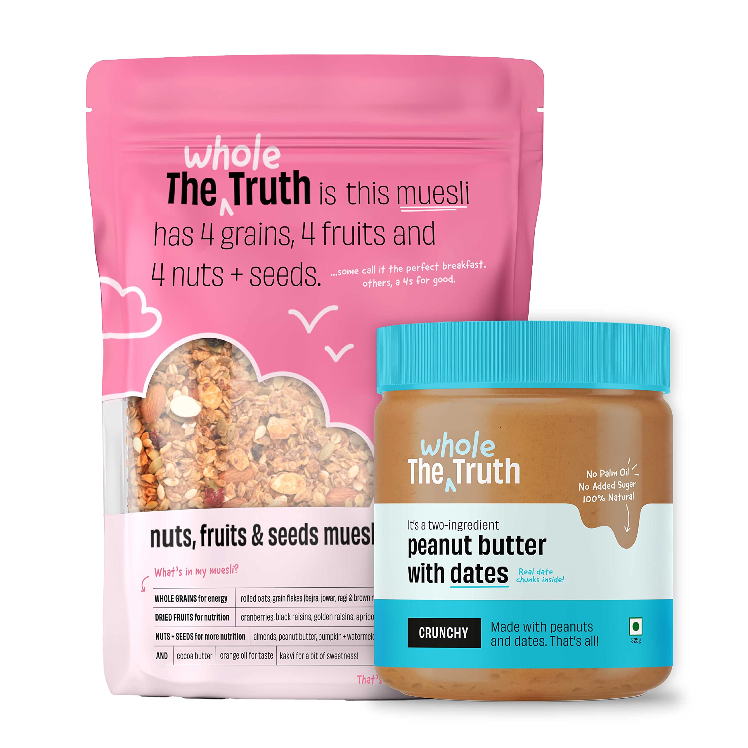 The Whole Truth Breakfast Combo | Peanut Butter With Dates Crunchy (325 Gm) + Nuts, Fruits And Seeds Muesli (350 Gm) | No Added Sugar | No Preservatives | No Added Flavours | 100% Natural (B09YHNTVLM) Amazon Price History, Amazon Price Tracker
