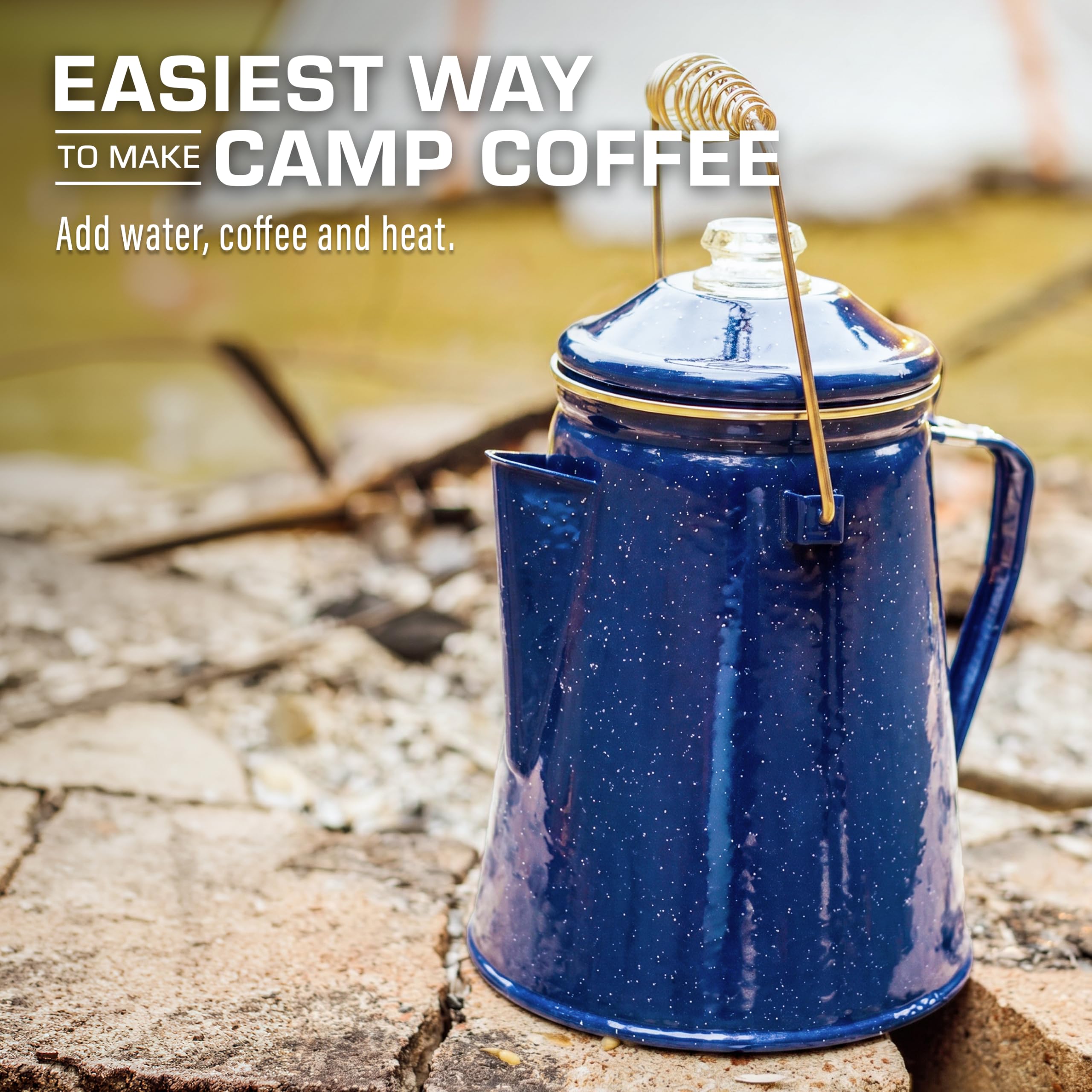 COLETTI Cafetera clásica esmaltada para acampar, 18 tazas, preparar café atrevido para todo el campamento, el mejor equipo de un maestro cervecero para un excelente café, percolador de fogata XL- azul